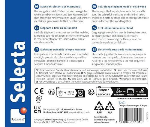 Selecta 52101 Tita, Nachzieh-Elefant, Schiebe-und Nachziehspielzeug aus Holz, 14 cm