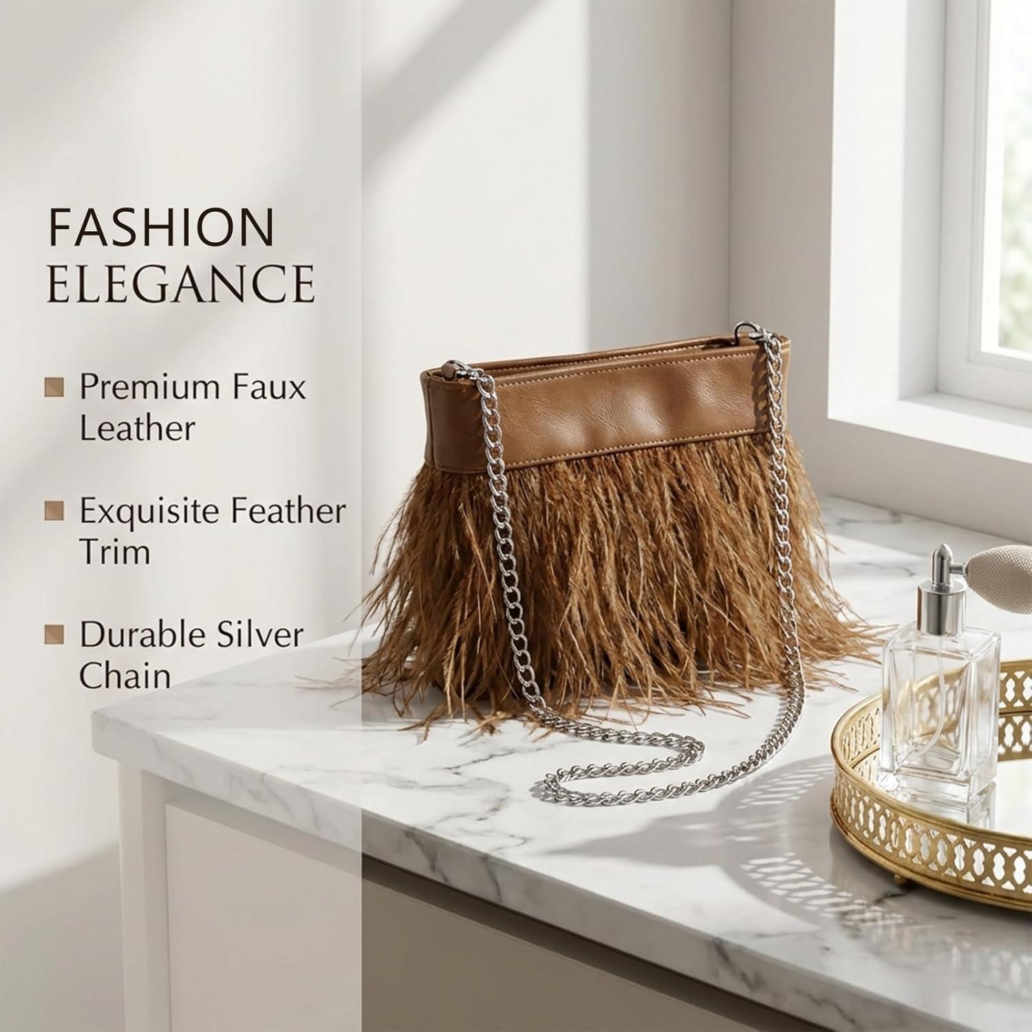 Women Natural Fluffy Ostrich Feather Evening Clutch Purse Shoulder Crossbody Bag
