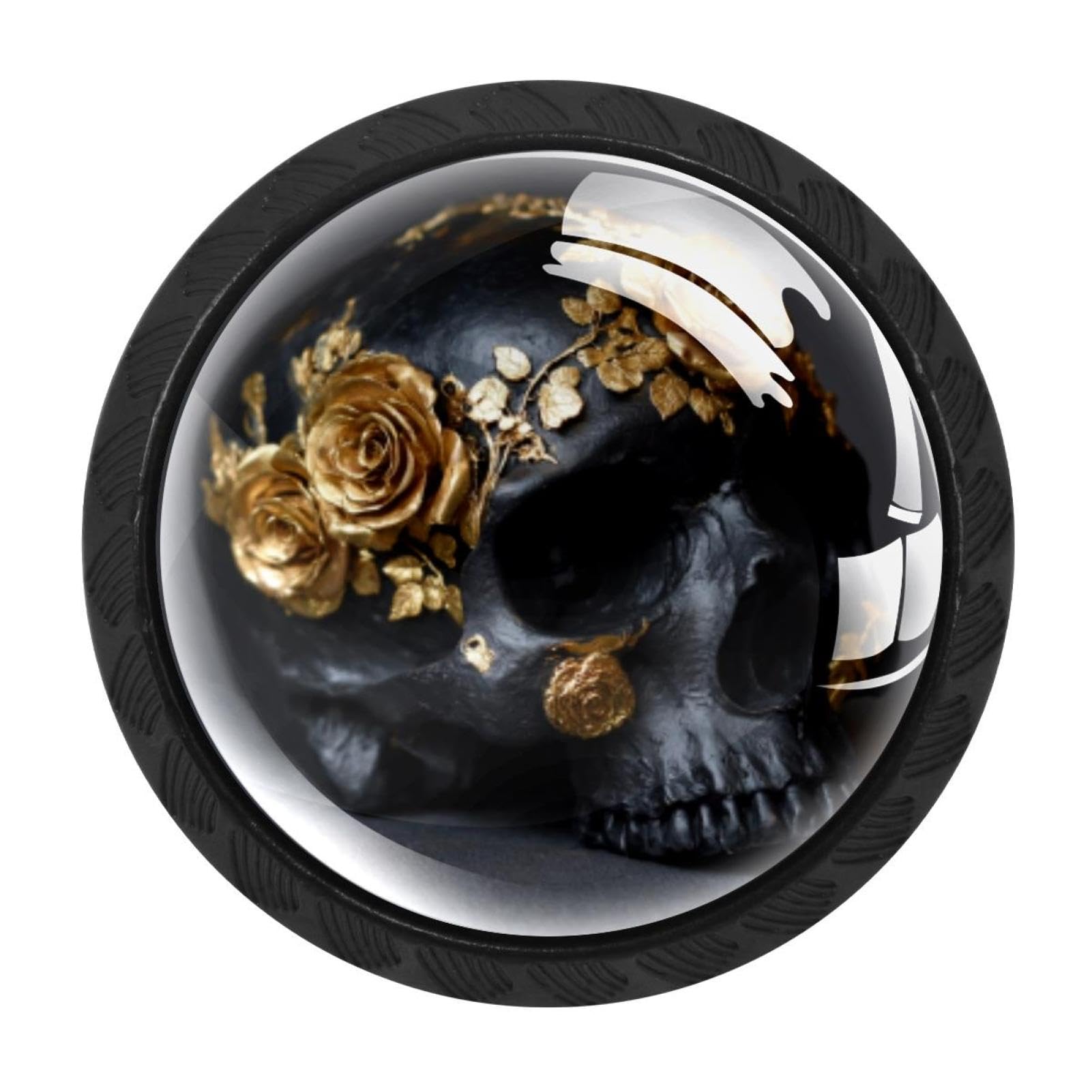 CHENZZZZ 4 Pack Black Skull with Gold Roses (3) Drawer Knob Cabinet Hardware