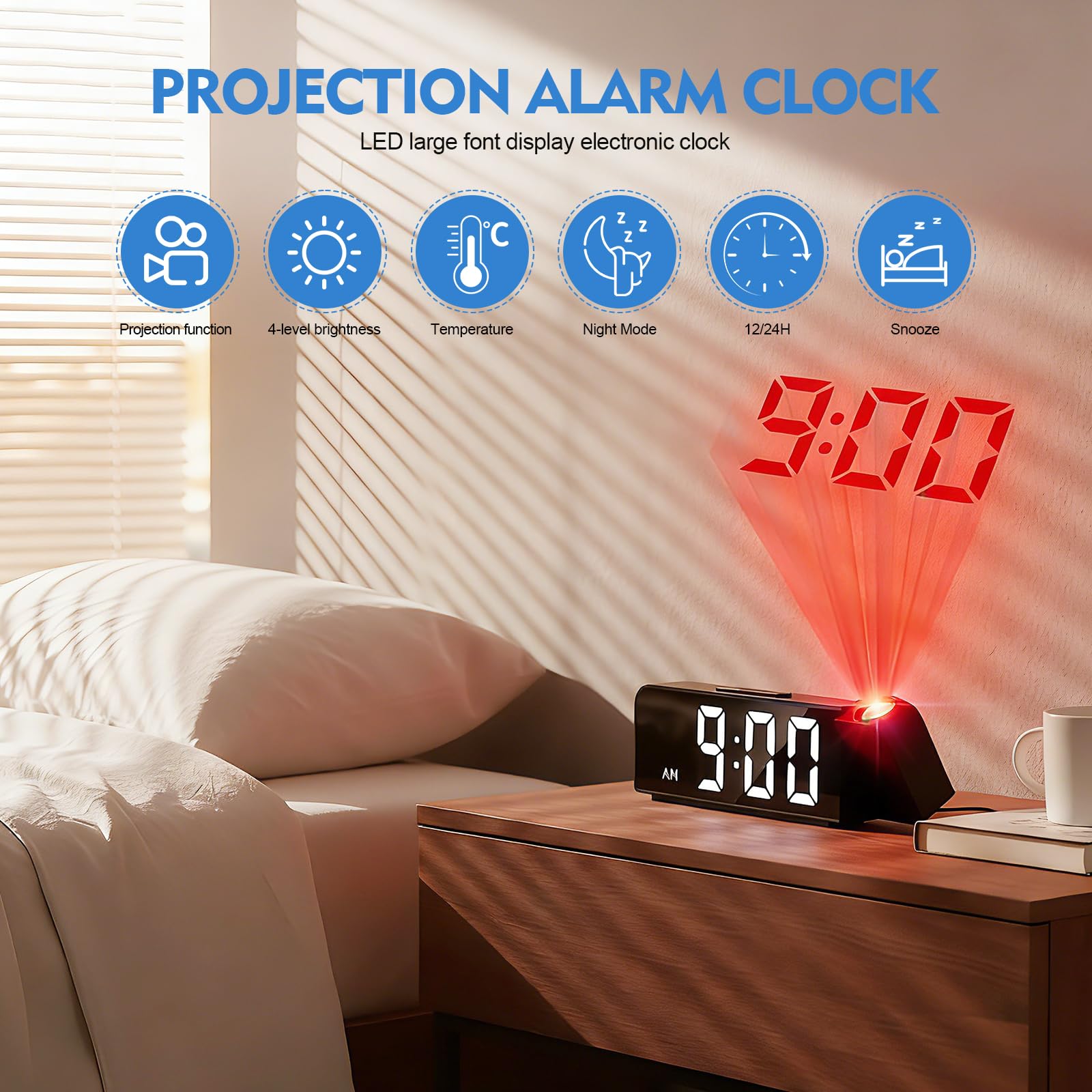 Projektionswecker für Schlafzimmer mit 180° Projektion, Digitaler Wecker mit LED Bildschirm, Temperaturanzeige, 12/24H Anzeige, USB Anschluss, Nachttisch und Büro