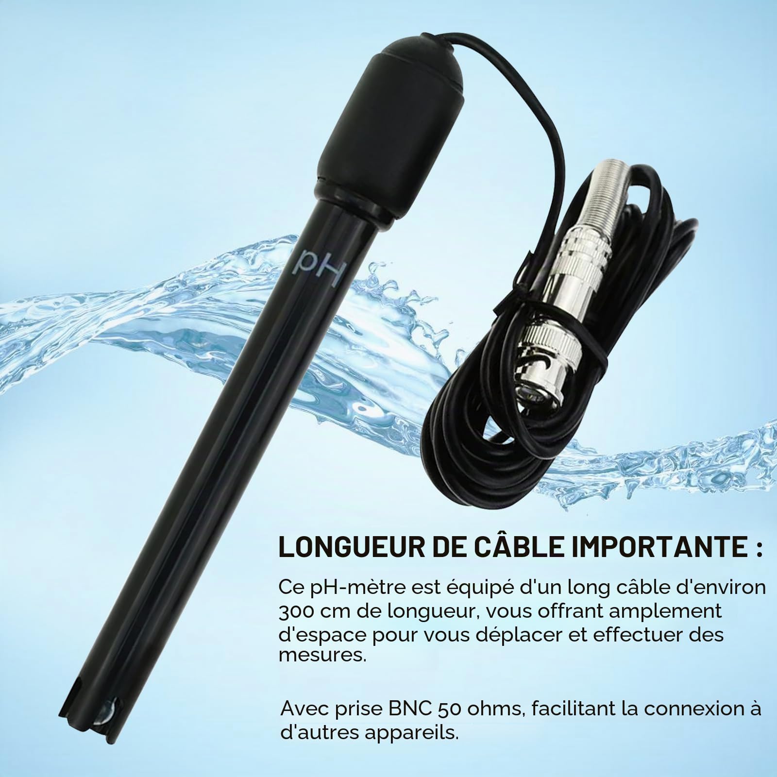 0-14 pH 300cm 3000mm 118in Remplacement BNC Électrode Sonde Connecteur Câble Capteur pour ph Moniteur Contrôleur Testeur Mètre Kit Ensemble Aquarium Hydroponique Plante Piscine Spa