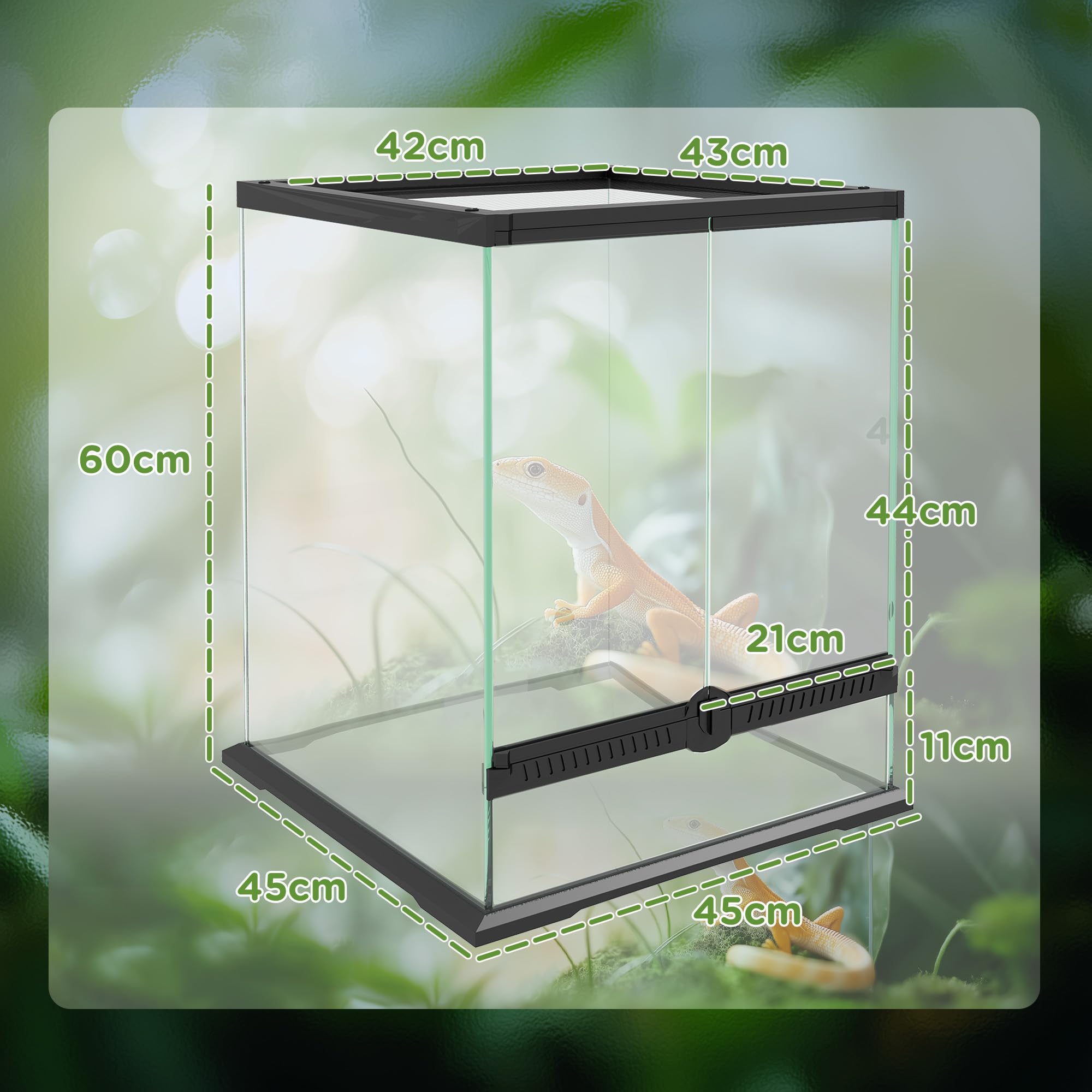 PawHut Terrarium dla gadów, pojemnik na karmienie gadów, z zabezpieczeniem przed ucieczką, wentylacja 120 l, szklane sterrarium z zarządzaniem kablami, dla płazów, metalowe, czarne, 45 x 45 x 60 cm