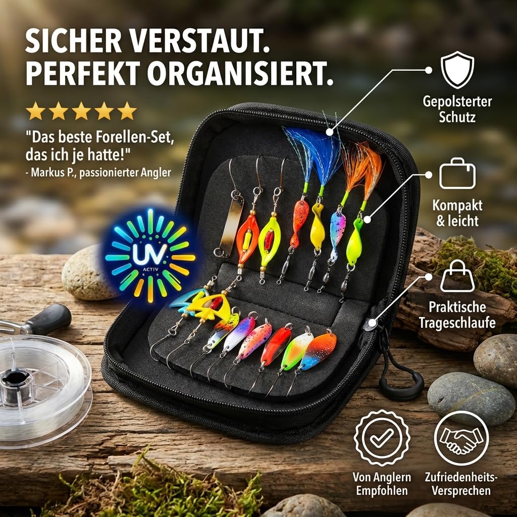 Neu Alle Forellen Köder Neuheiten 2025 in Einer Spoon Tasche | Forellen Set 15 Spoons Forelle 2g, 3g, 3,5g, 4g | Uv-Aktive Forellenköder für jedes Wetter und Wasser | Angelzubehör Trout Spoon Angeln
