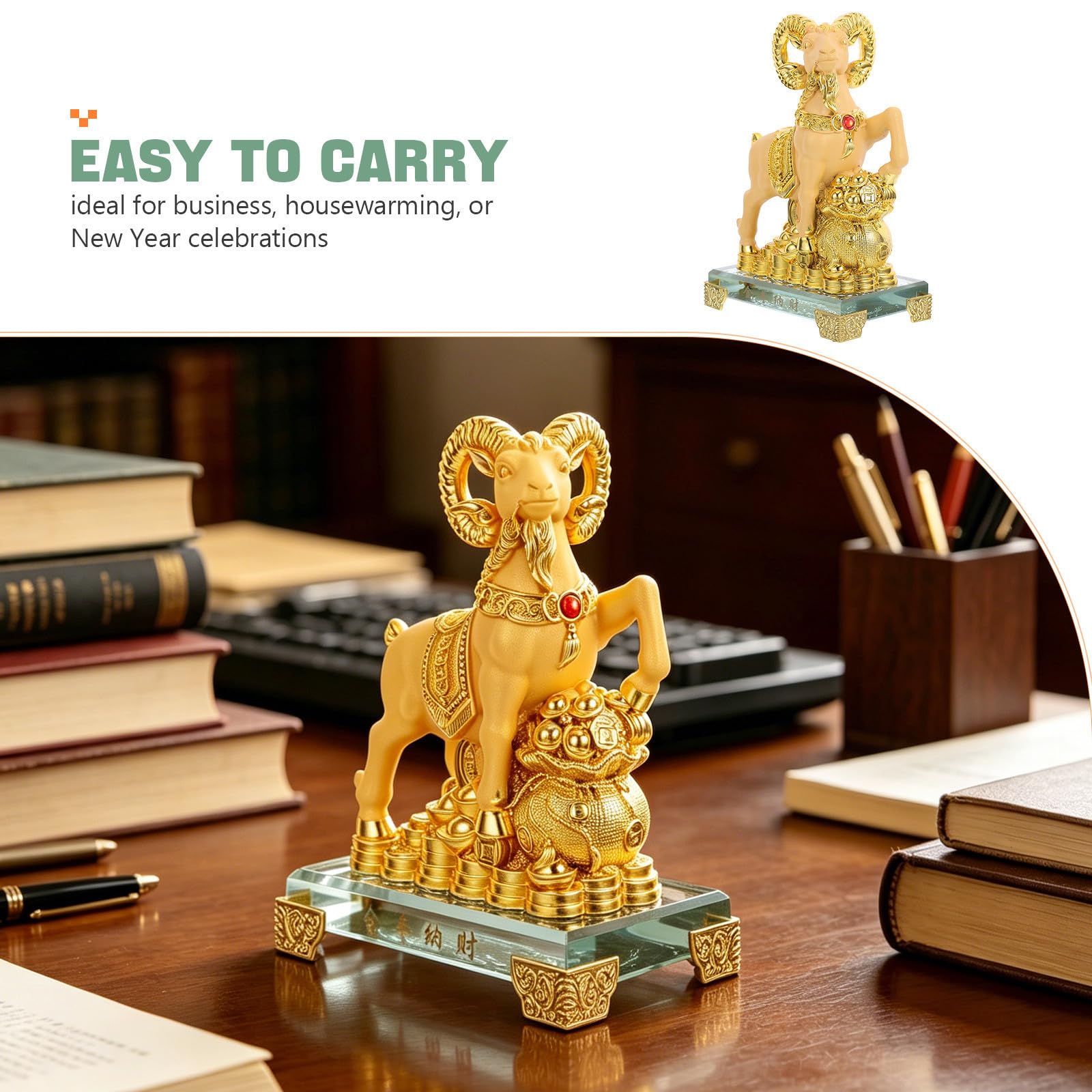 Yardenfun Złota Rzeźba z Żywicy Feng Shui Figurka z Chińskiego Zodiaku Ozdoba Noworoczna Kozła Rok Bezpieczna Rzeźba Zwierzęca Biurko i Dekorację Domu