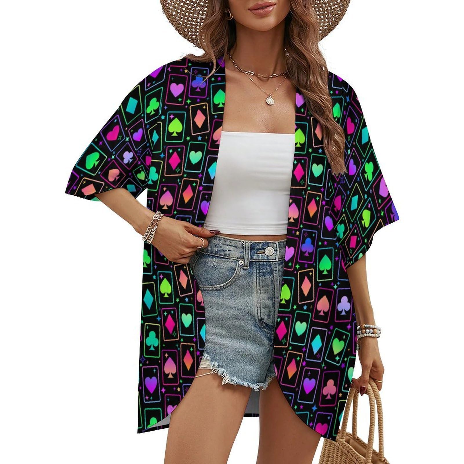 Playing Poker Card Suit Womens Half Sleeve Cardigan Jacket Kimono Casual Loose Cover Up Blouse Fashion Shirt