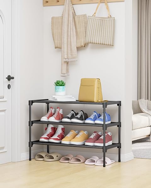 Kitsure Kitsure Shoe Rack - Non-Woven Shoe Rack Shelf, Shoe Organizer for Closet, Entryway, Garage & Corridor, Stackable Shoe Shelves, 27.5" Wide - 3 Tier, Black in use