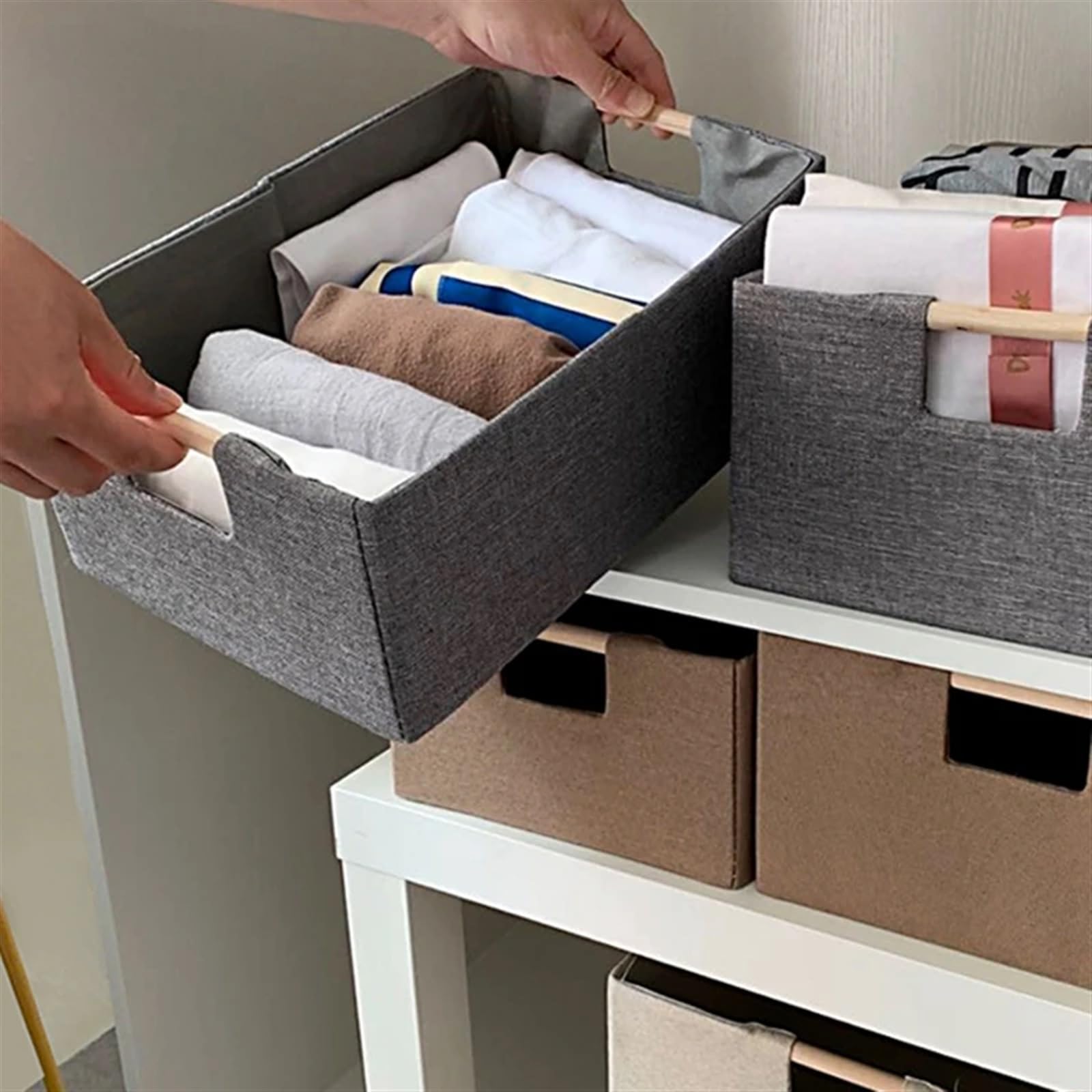 Caja de almacenamiento plegable Caja de almacenamiento de escritorio plegable, cesta de almacenamiento de ropa interior con asa, organizador de, decoración del hogar(Khaki,34X23 X13cm)