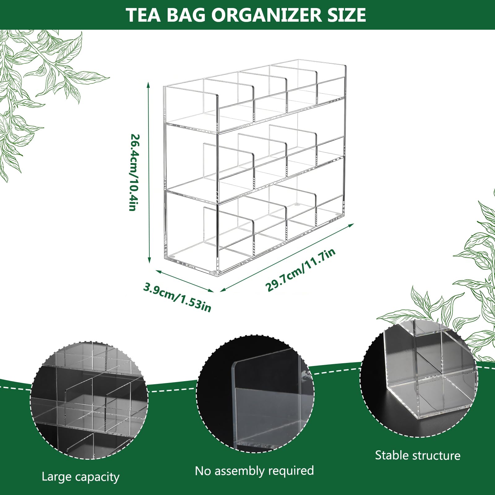 Teebeutel Organizer aus Acryl - 3-stufige Teebeutel Aufbewahrung mit 12 Fächern, Teebeutelhalter für 216 Teebeutel Teeregal Hochkant für Arbeitsplatten Küchenschränke Vorratskammern, Platzsparend