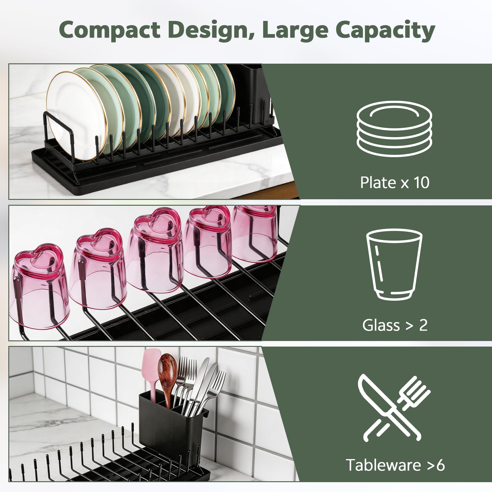 Zocipro Scolapiatti da Appoggio Compatto in Acciaio Inox con Tappetino in Silicone e Portaposate – Salvaspazio per Cucine Piccole, Monolocali, Case e Camper - Nero