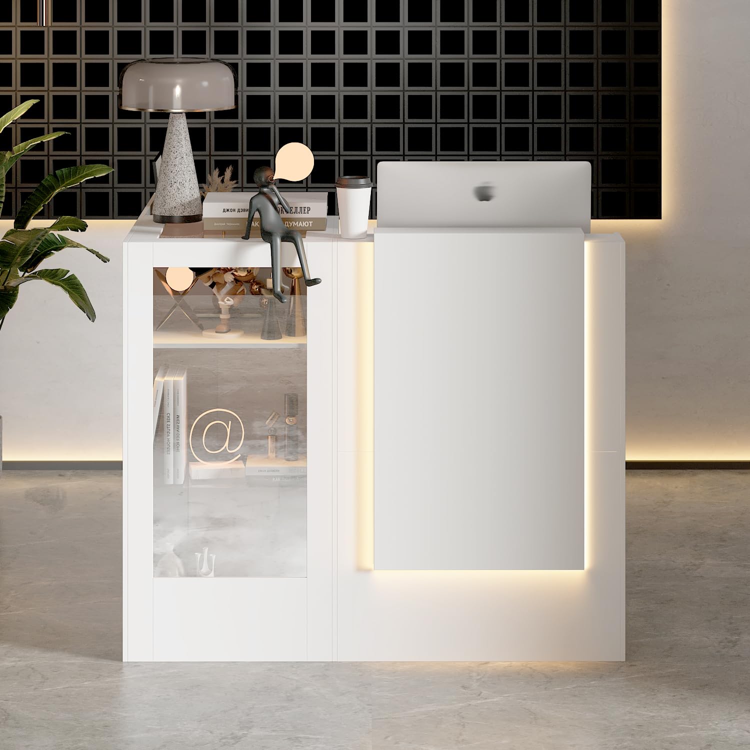 Tavolo di ricezione angolare con cassetto della tastiera, cassetta L con 3 luci colorate, bancone con vetrina in vetro, tavolo reception, bancone
