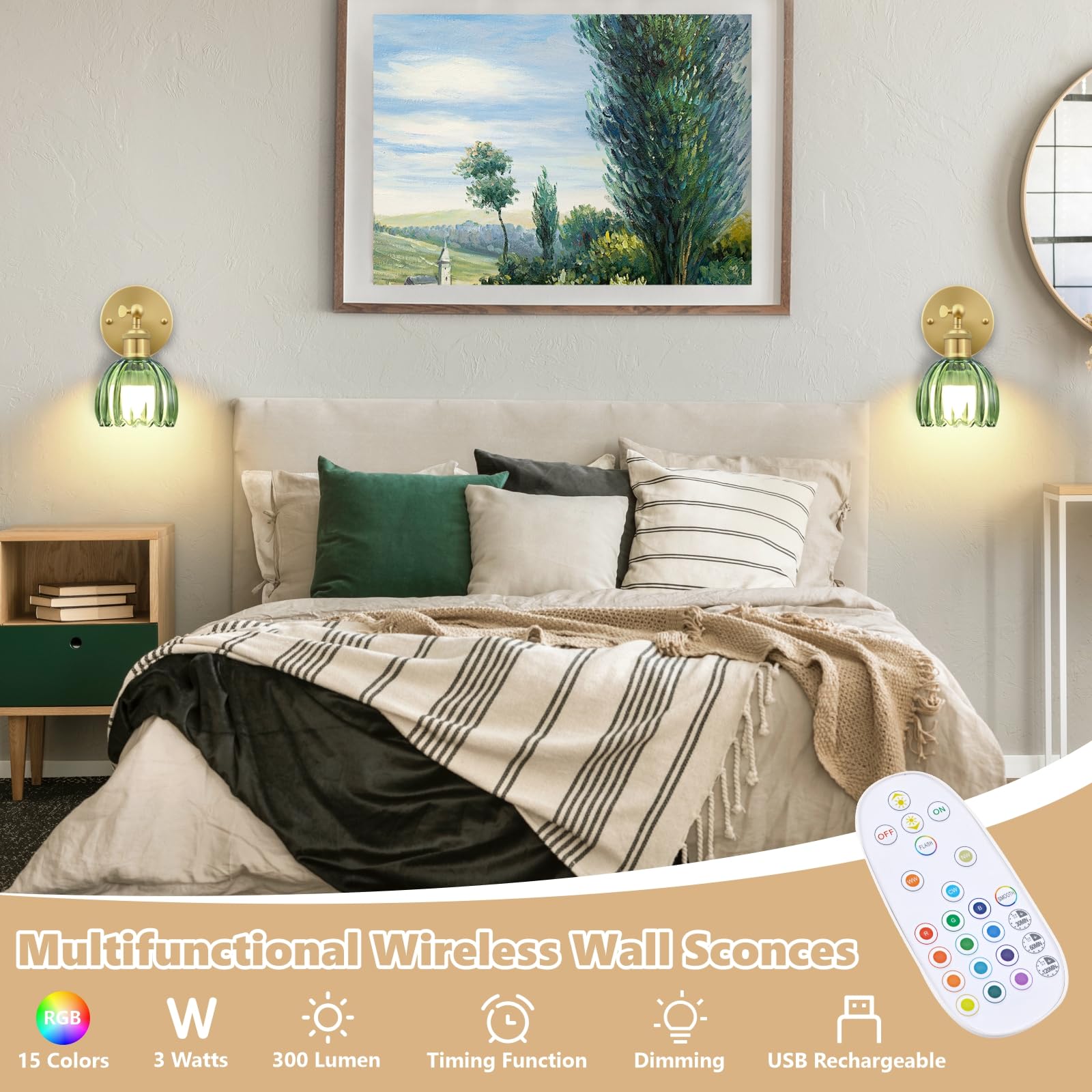 Klassische batteriebetriebene Wandleuchte mit grünem Tulpenglas-Display, kabellos, wiederaufladbar, mit LED-Wandlicht mit verstellbarer Fernbedienung für Nachttisch, Schlafzimmer