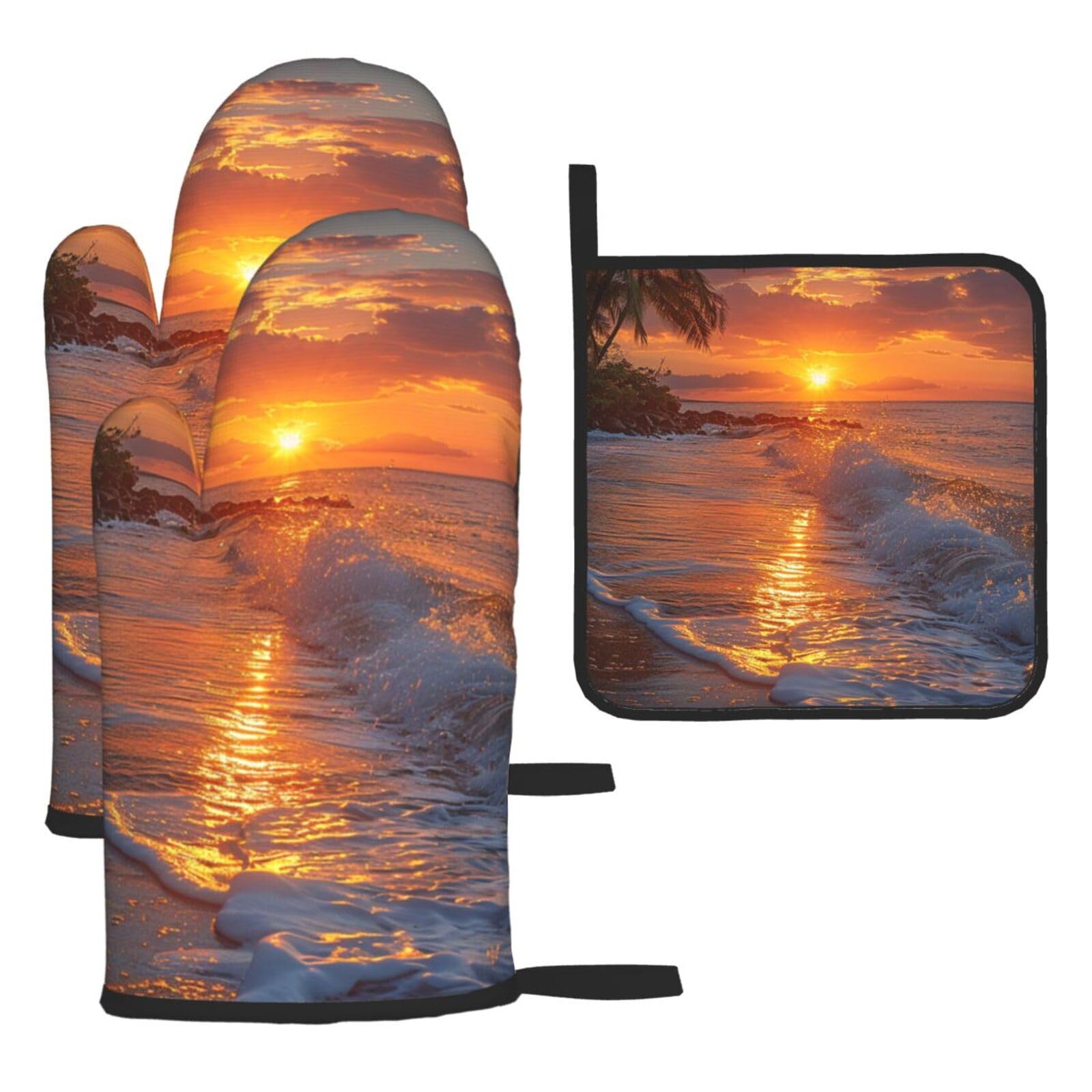 Oven Mitts and Pot Holders Sets of 3 Beach Maui Hawaii Oven Mitts 3 Pcs Heat Resistant Non Slip Ovens Gloves Hot Pads Kitchen Gloves Potholders for Baking Cooking BBQ Grilling