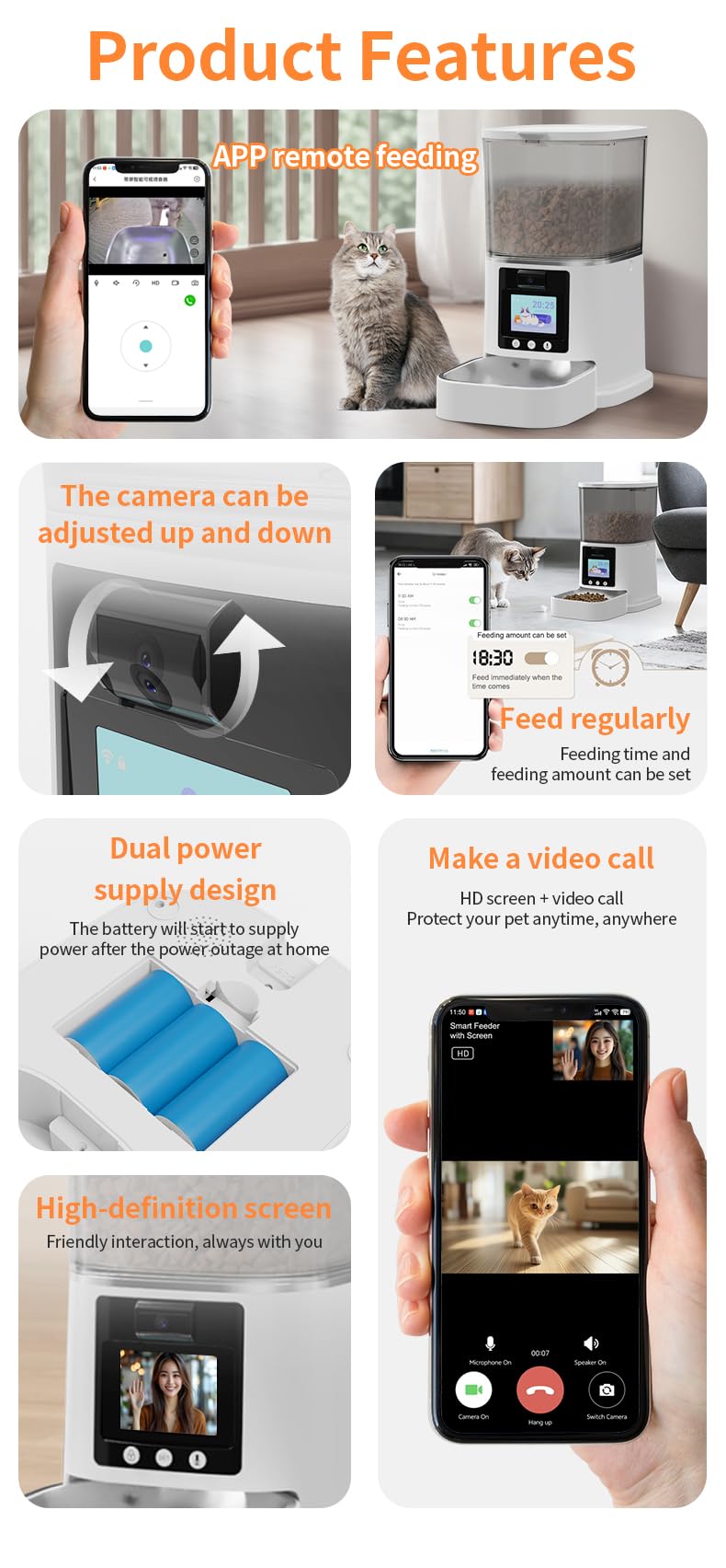 Wifi Smart HD Alimentatore automatico per animali domestici con fotocamera e visione notturna, audio a 2 vie, app e telecomando, 6L, doppia alimentazione, facile da pulire, display LCD, per cani e