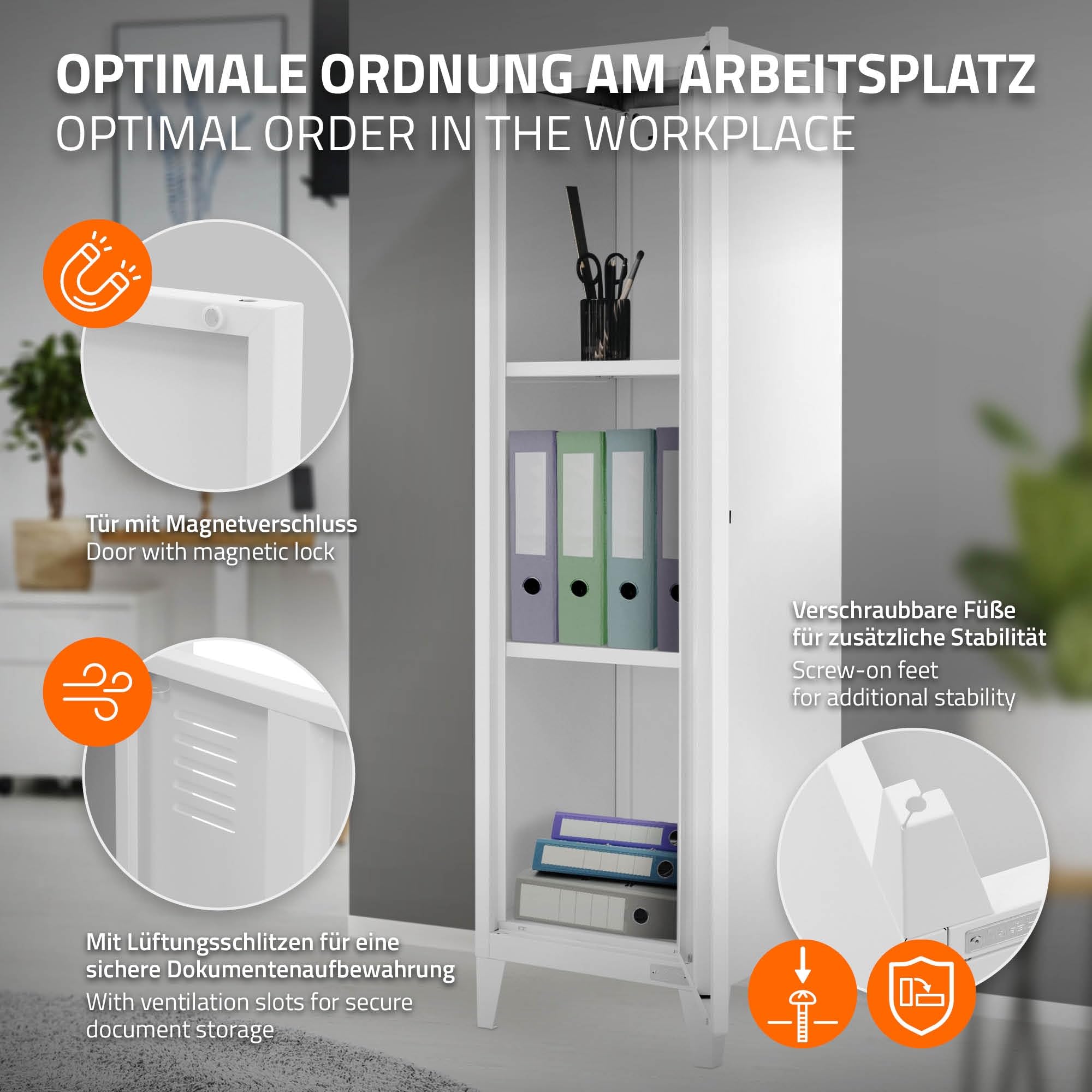 ML-Design Schedario Alto 38x38x137,5 cm Bianco Acciaio Mobile da Ufficio a 4 Gambe Armadio per Archiviazione in Metallo a un'Anta, 3 Scomparti Interni Comodino Mobiletto Portadocumenti Armadietto
