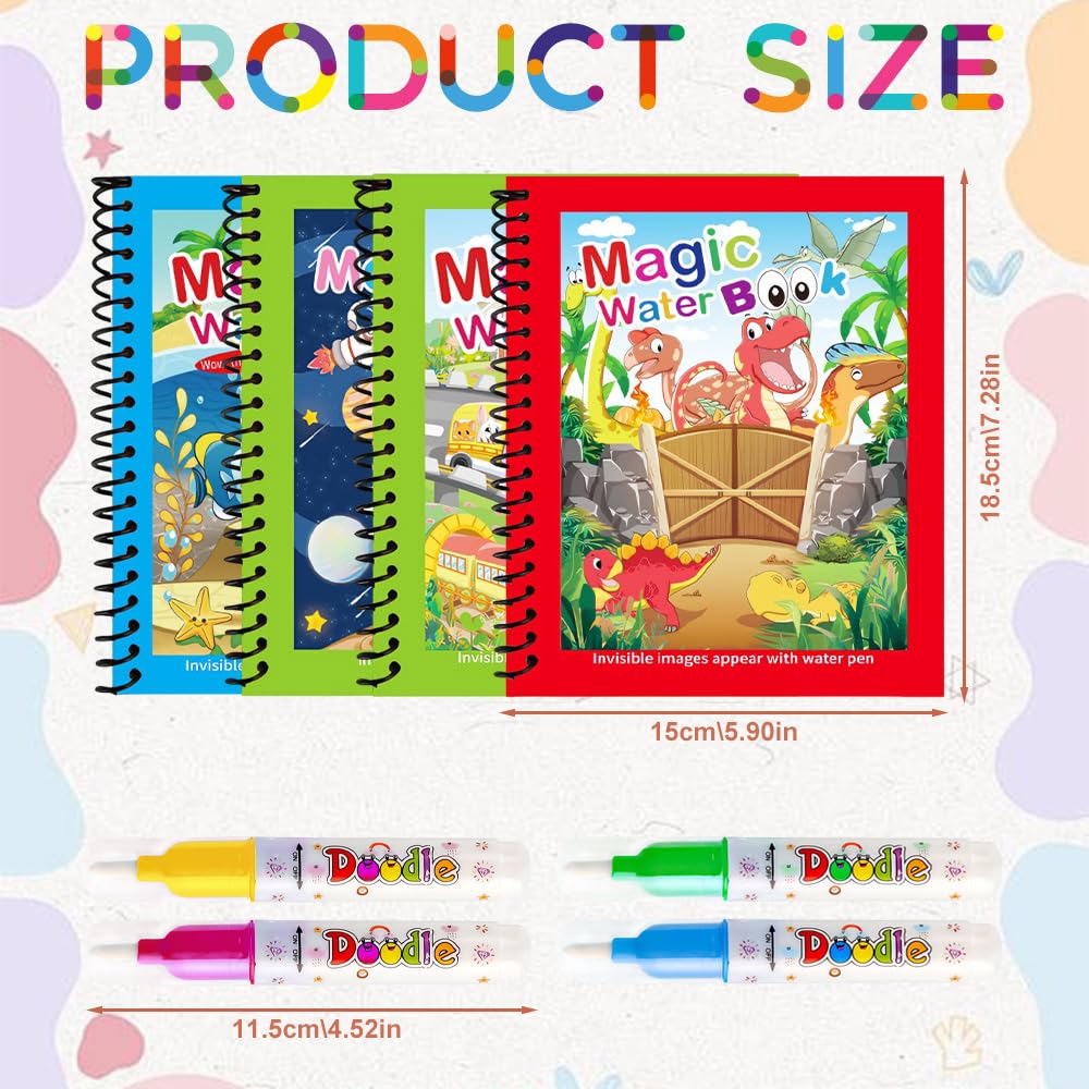 PORUPAEL 4 Pack Magic Water Colouring Books for Kids, Reusable Water Painting Books with 4 Pens - Image 2