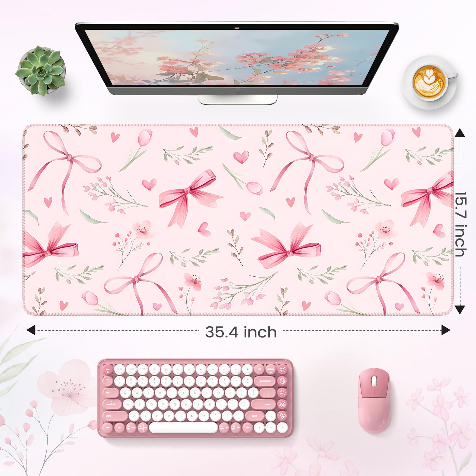 HAOCOO Cute Floral Desk Mat, Large Waterproof Mouse Pad, Girly Desk Matt for Desktop, 35.4" x 15.7" Non-Slip Keyboard Pad, Computer Mat with Stitched Edge, Office Decor Home Desk Accessories (): Pink Bow