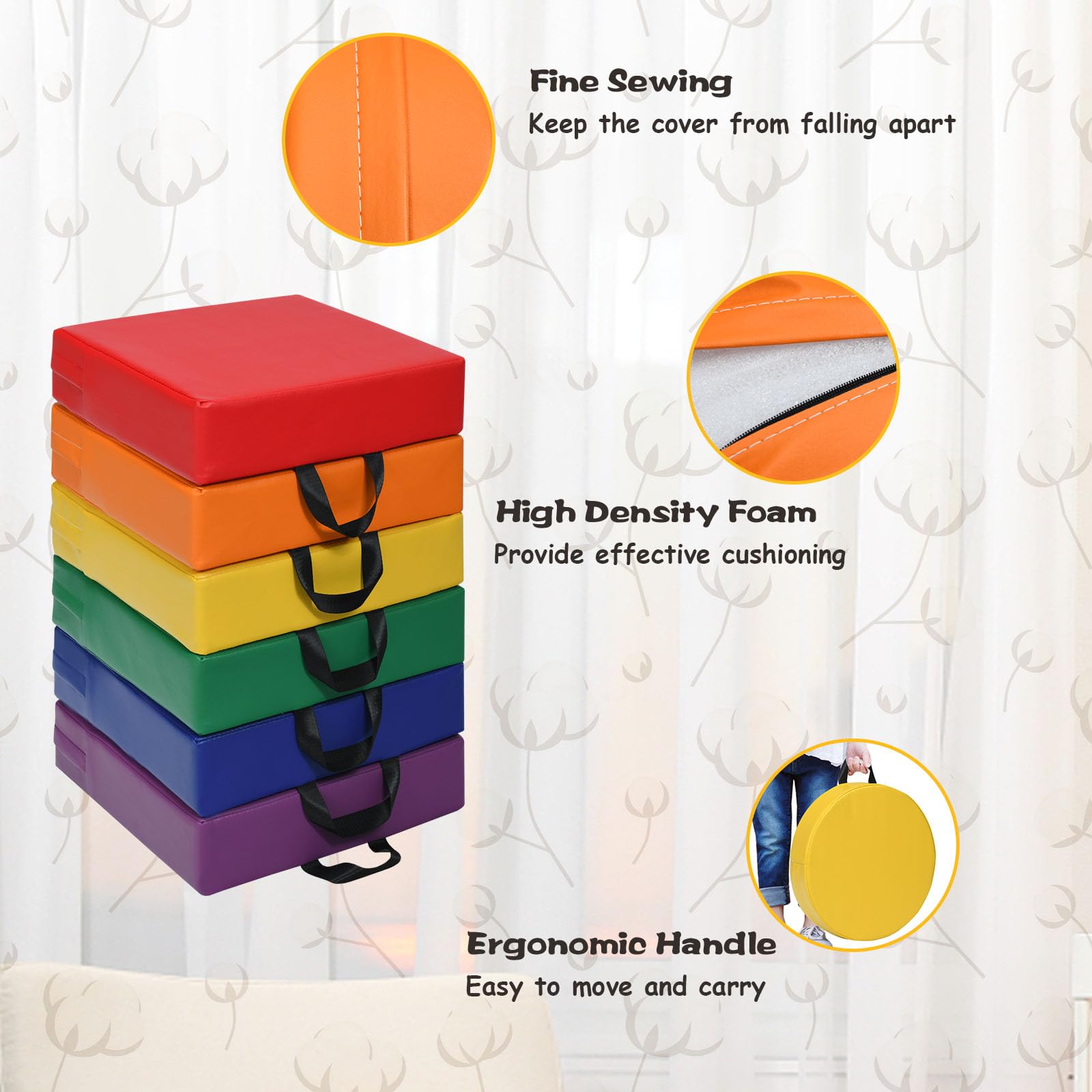 LIFEZEAL Set di 6 cuscini per sedia per bambini, con maniglia, impilabili, in schiuma e poliuretano, per bambini, rotondi/rettangolari, per cameretta dei bambini (Arcobaleno)