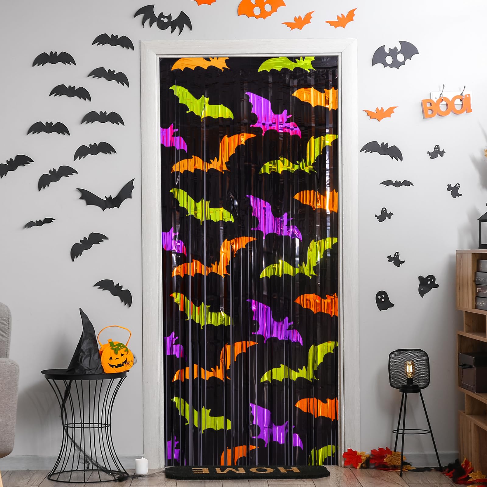 Mega-L Dekoracje na imprezę halloweenową 2 szt. Zielony pomarańczowy fioletowy wzór nietoperza rekwizyty do budki fotograficznej, 3,3 x 2 m Halloween foliowe zasłony z frędzlami, Halloween tło do