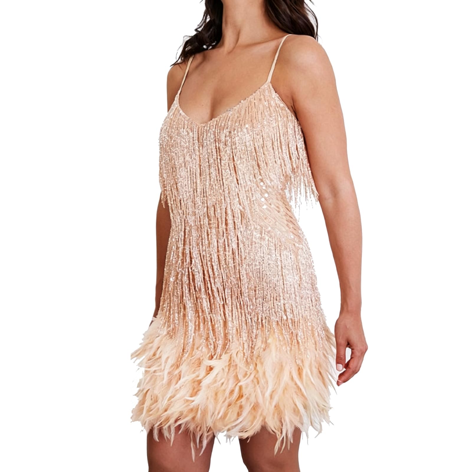 Vestido De Verano Elegante Sexy para Mujer, Vestido De Cóctel Escote En V Apliques Plumas Minivestido Lentejuelas, Vestidos Cruzado Tirantes Finos Vestidos Fiesta Sin Mangas Corte A