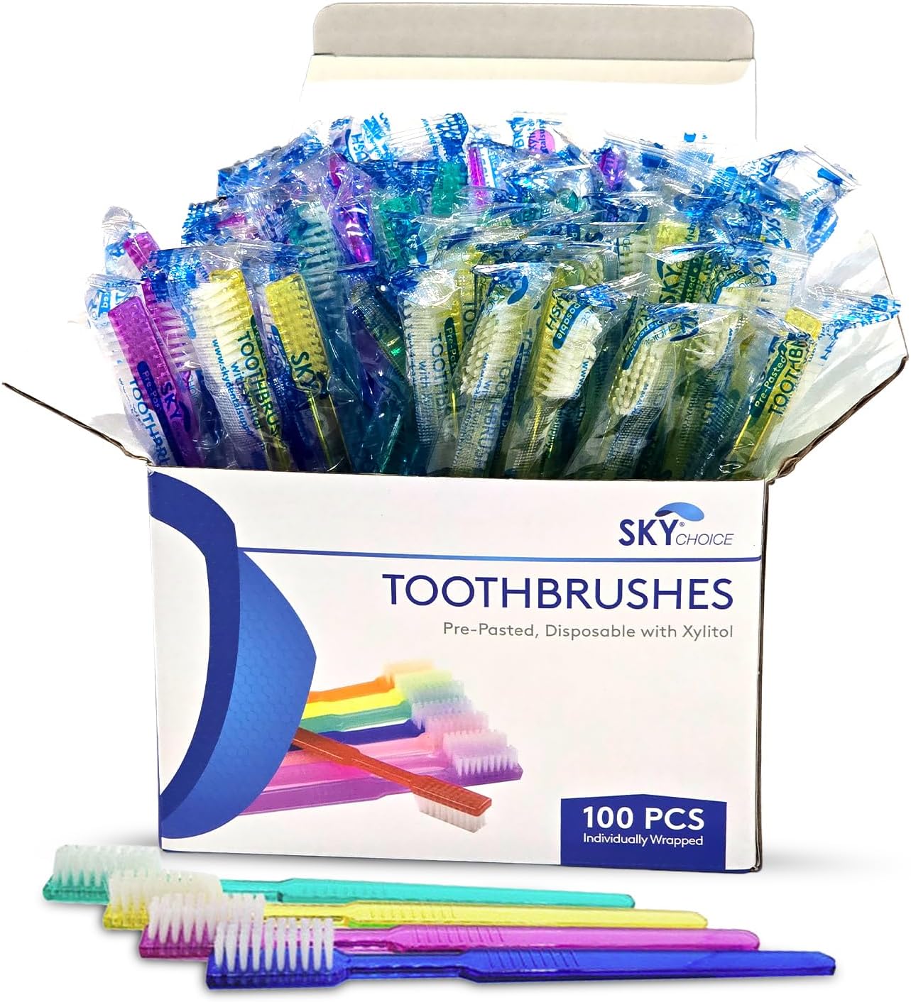 Sky Choice 100 Pre-Pasted Disposable Toothbrushes Assorted Flavors Individually Wrapped for Hotels, Camping, Travelers