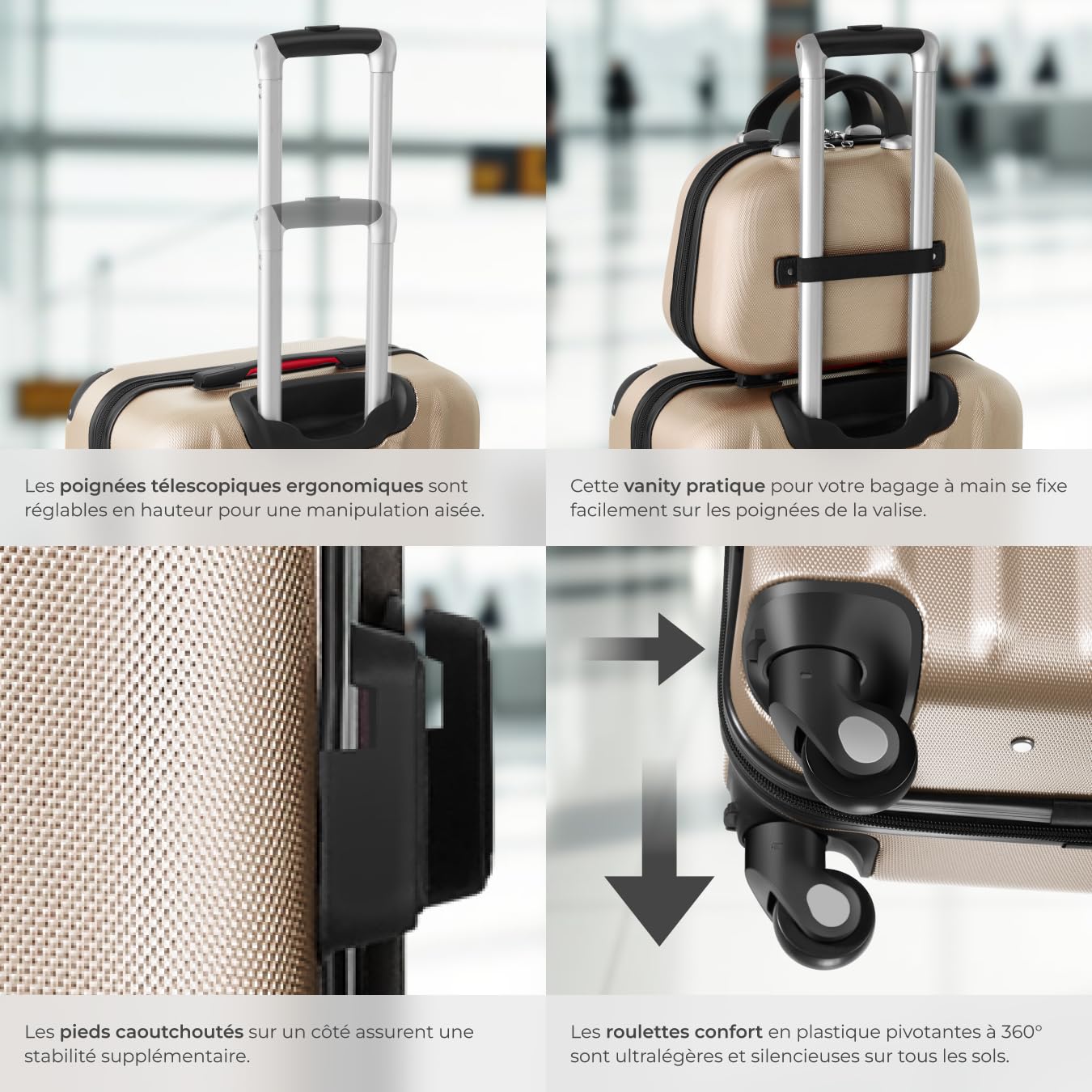 tectake Lot de 4 Valises de Voyage Valise Grande Taille Valise Cabine Valise soute Multifonction en ABS Polypropylène, Valise de Voyage à roulettes Valise avec Trousse de Toilette - Champagne