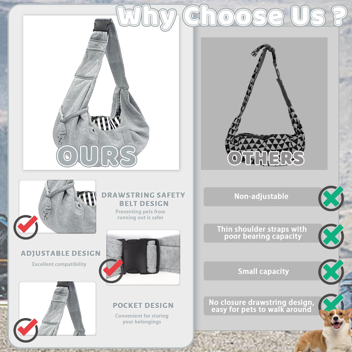 Bandolera para Perro Transportín para Perros Bolsa de Hombro para Mascotas Ajustable Gris con Toalla para Mascotas para Perros Gatos Pequeño y Medianos (Gris)