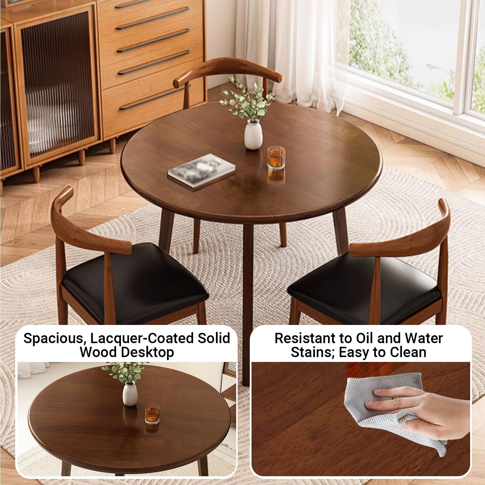 Tavolo da cucina rotondo in rovere massello, per 2/3 persone, gambe a supporto triangolare, per sala da pranzo, appartamento, negozio di tè.(Wood,60x60x75CM/23.6x23.6x29.5IN)