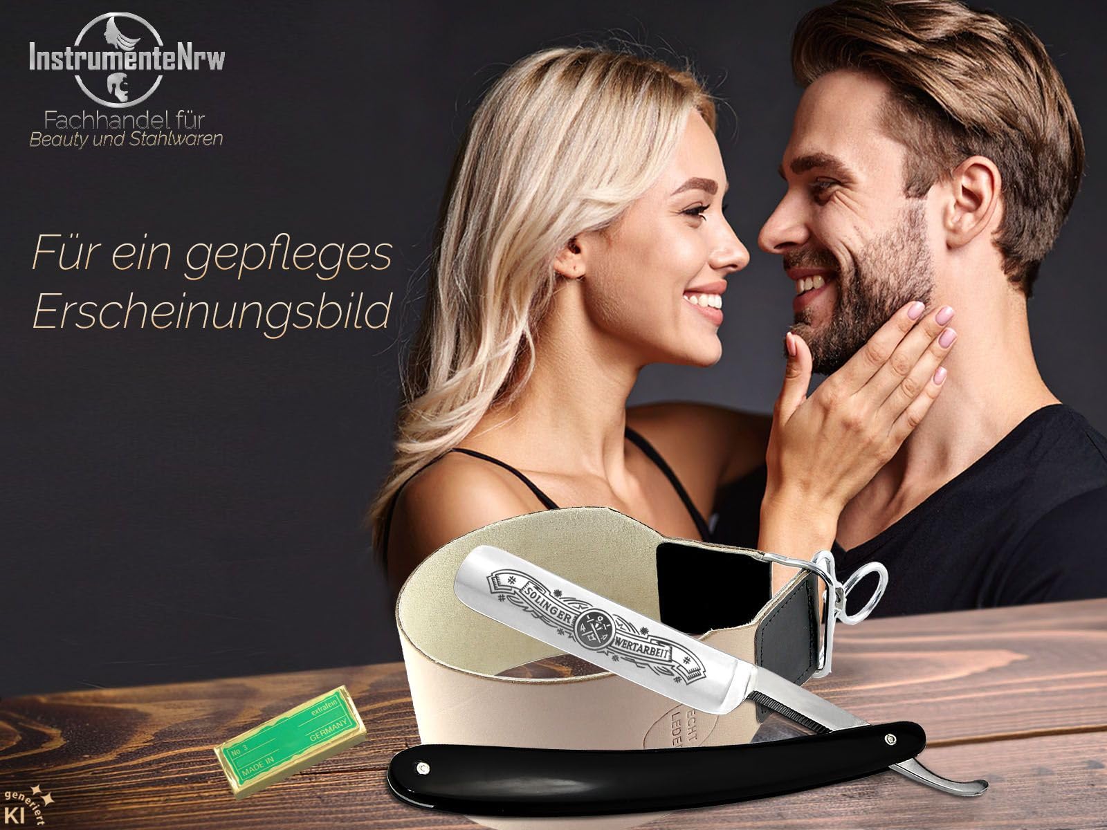 Solinger Bartmesser Solingen Schleifpaste und extra breitem Streichriemen | 3-Teiliges Rasier-Set für Herren zur klassischen Nassrasur mit Rasiermesser, Lederriemen und Streichriemenpaste