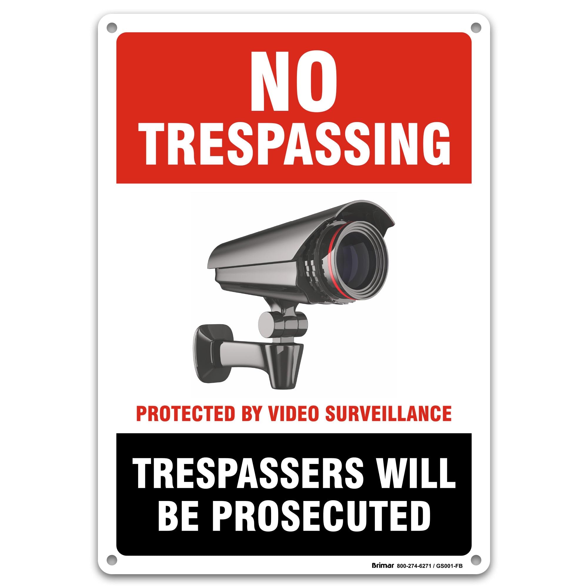 Brimar - 7"x10" No Trespassing Protected by Video Surveillance Sign - Weatherproof Rust Free Aluminum- Easy Installation - 24/7 Video Surveillance