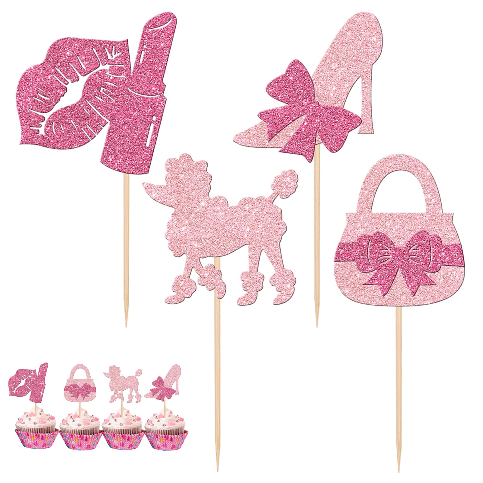 30 PCS Glitter Pink Princess Cupcake Toppers Cupcake Picks Handbag Doll Head Bow Tie Lipstick High Heel Cake Decorations for Bridal Shower Wedding Birthday Party Supplies (30PCS Pattern 1)