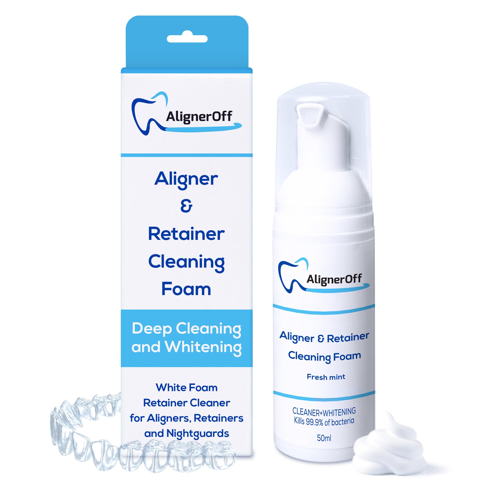 Foam Retainer Cleaner – Stain Remover for Aligners, Nightguards, & Dentures, Lightens Teeth, Deep Cleaning, Braces, Mouthguards, and Invisalign Cleaner, Freshens & Diminishes Stains – 50ml