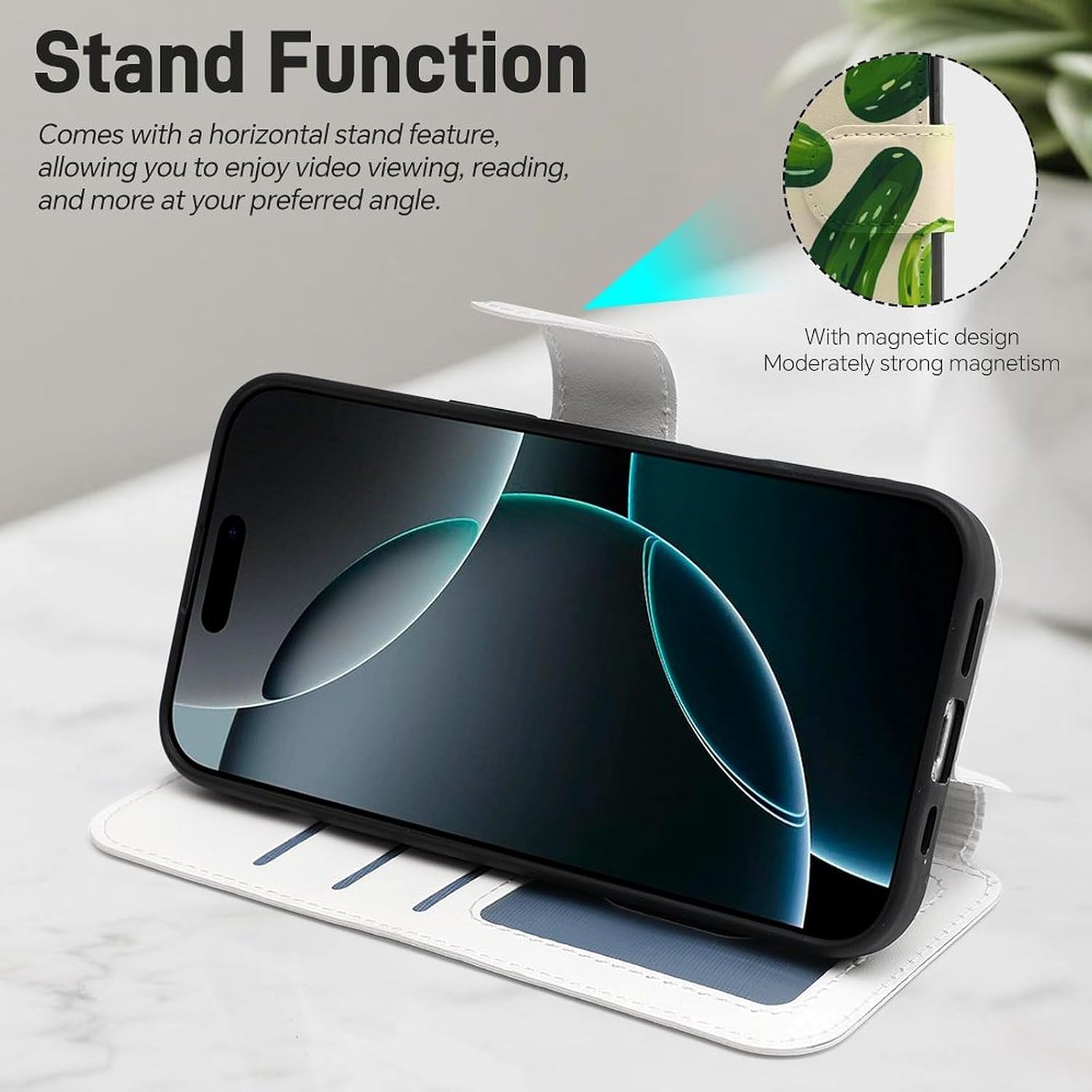 Cute Funny Cucumber Pickle Compatible with iPhone 16/16 Plus/16 Pro/16 Pro Max/16 E Case Phone Wallet Card Holder Flip Cover with Wrist Strap