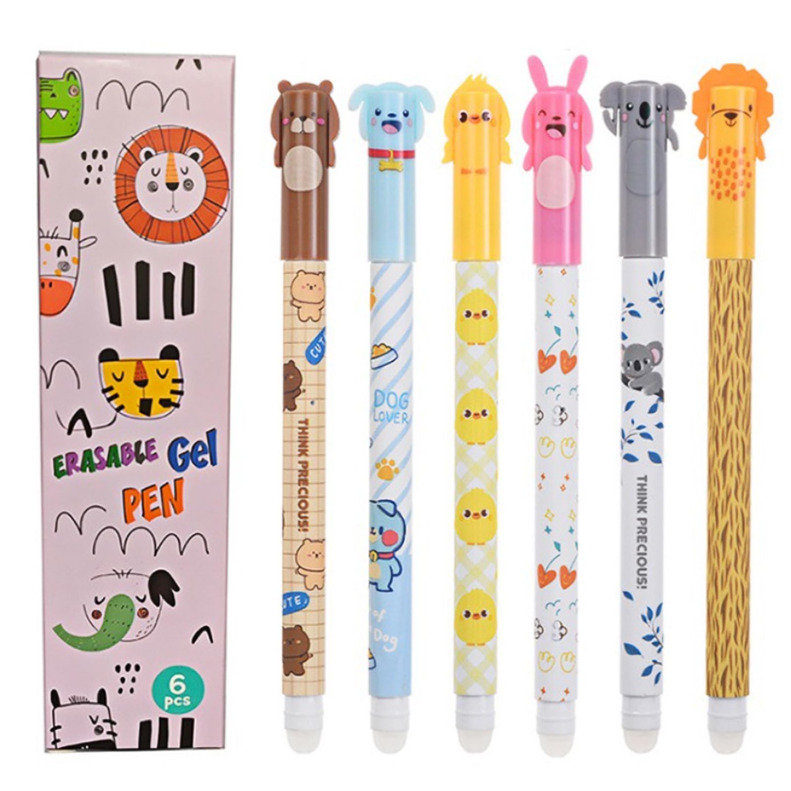Set of 6 Erasable Gel Pens, Cute cartoon animal Pens, with Erasable Thermosensitive Ink, Black Rollerball Pens, Premium Fine 0.5 mm Tip, Student's gift