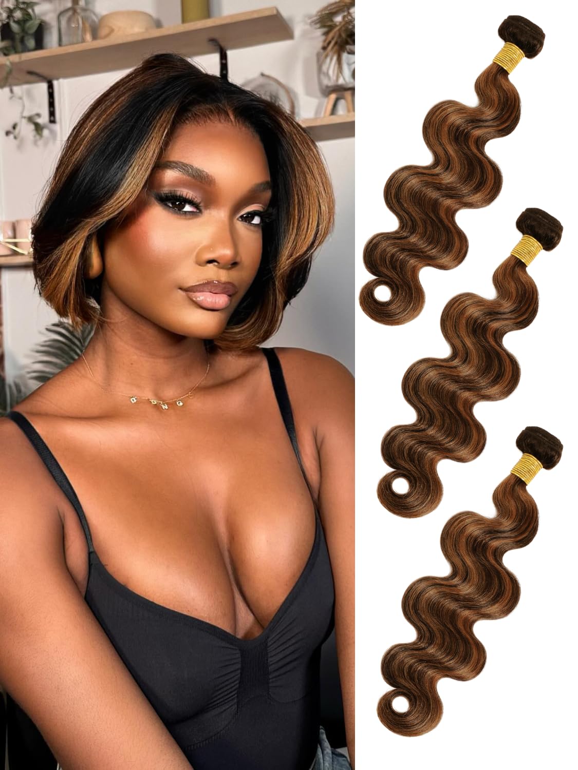 Anmetan Honey Blonde Highlight Bundles Human Hair Body Wave, 12A Thick F1B/30 Highlight Black and Brown Colored Quick Weave 100% Brazilian 12A