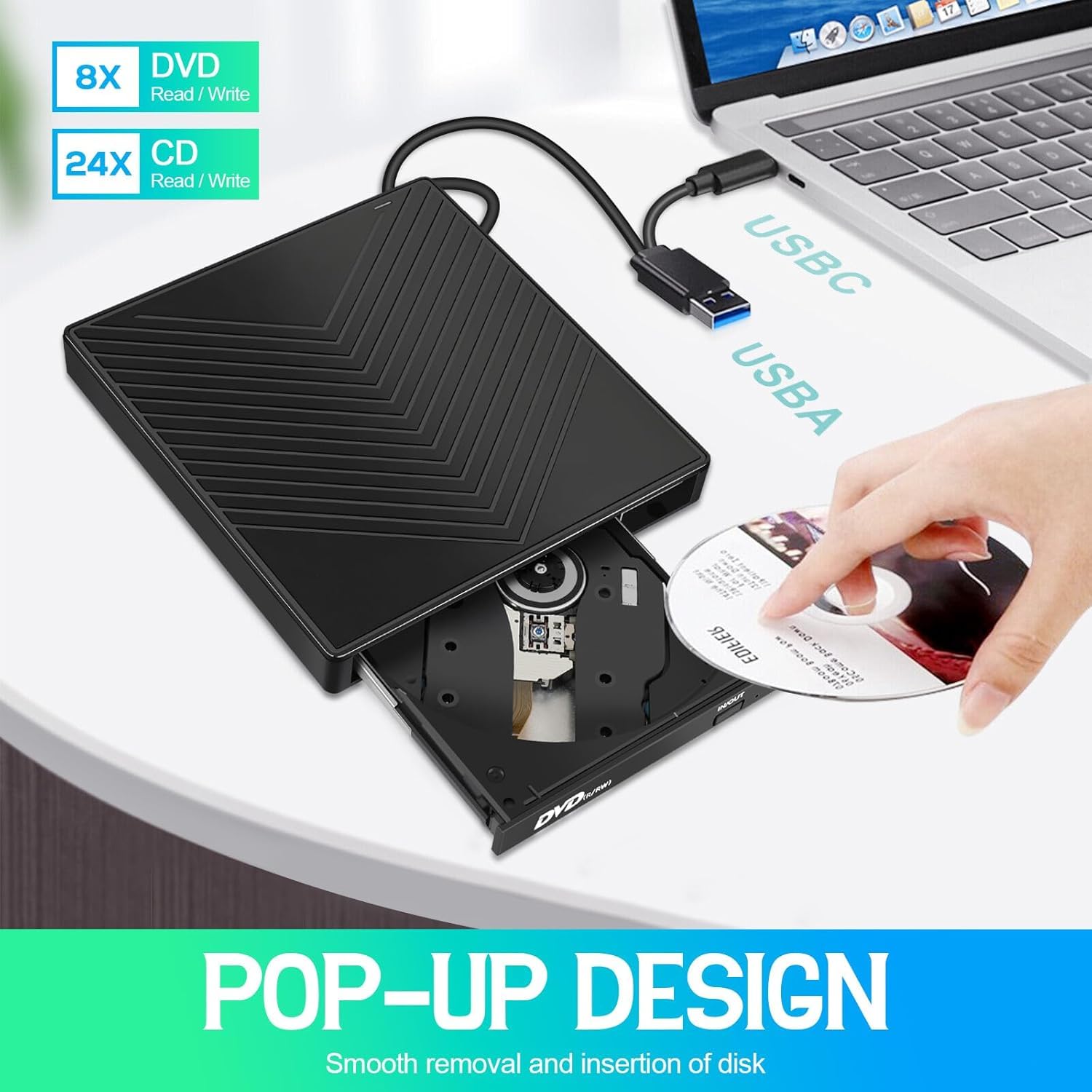 Lecteur CD DVD Externe, Lecteur Optique Externe USB 3.0 7 en 1, Graveur DVD Mobile, Extension de Carte, Ordinateur Externe de Bureau, Ordinateur Portable, Lecteur Optique Externe