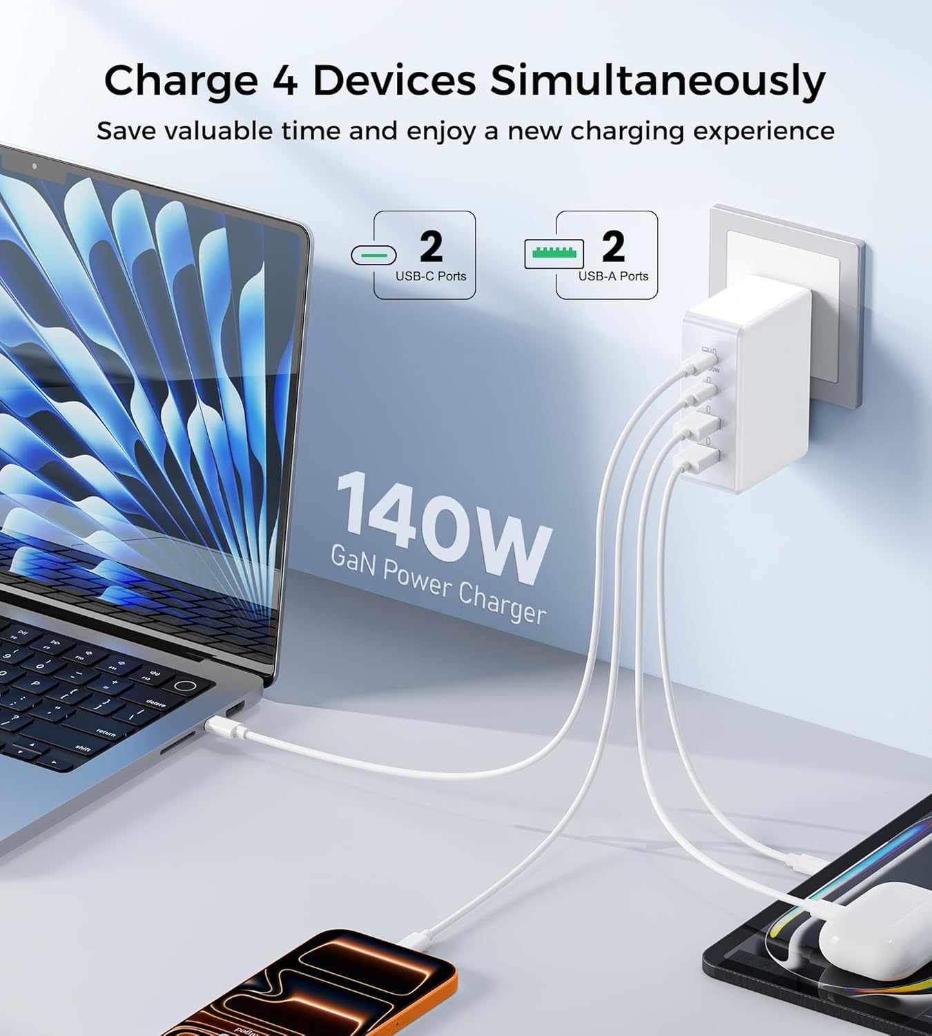 140W MacBook Pro Charger,C Wall Charging Block for MacBook Air M3/M2,4-Port PD20W Fast Charger Cube for iPhone 17/16/15 Pro Max,Charging Station Hub for Samsung S25/S24