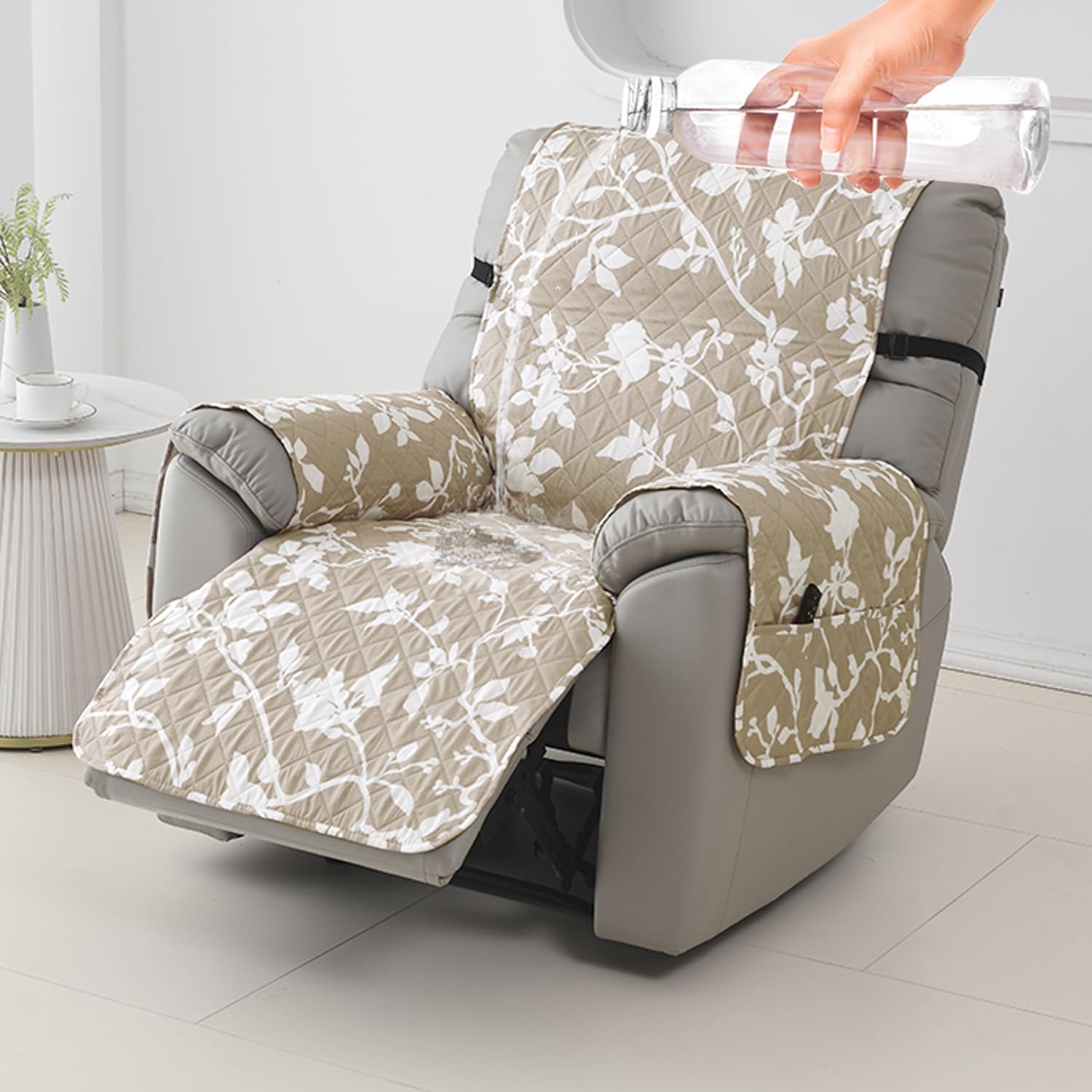 HOKIPO Printed Quilted Water Repellent + Waterproof Recliner Sofa Cover Mat, Small - Buff Brown Sillehoute Floral (AR-5282-C7)-image-30