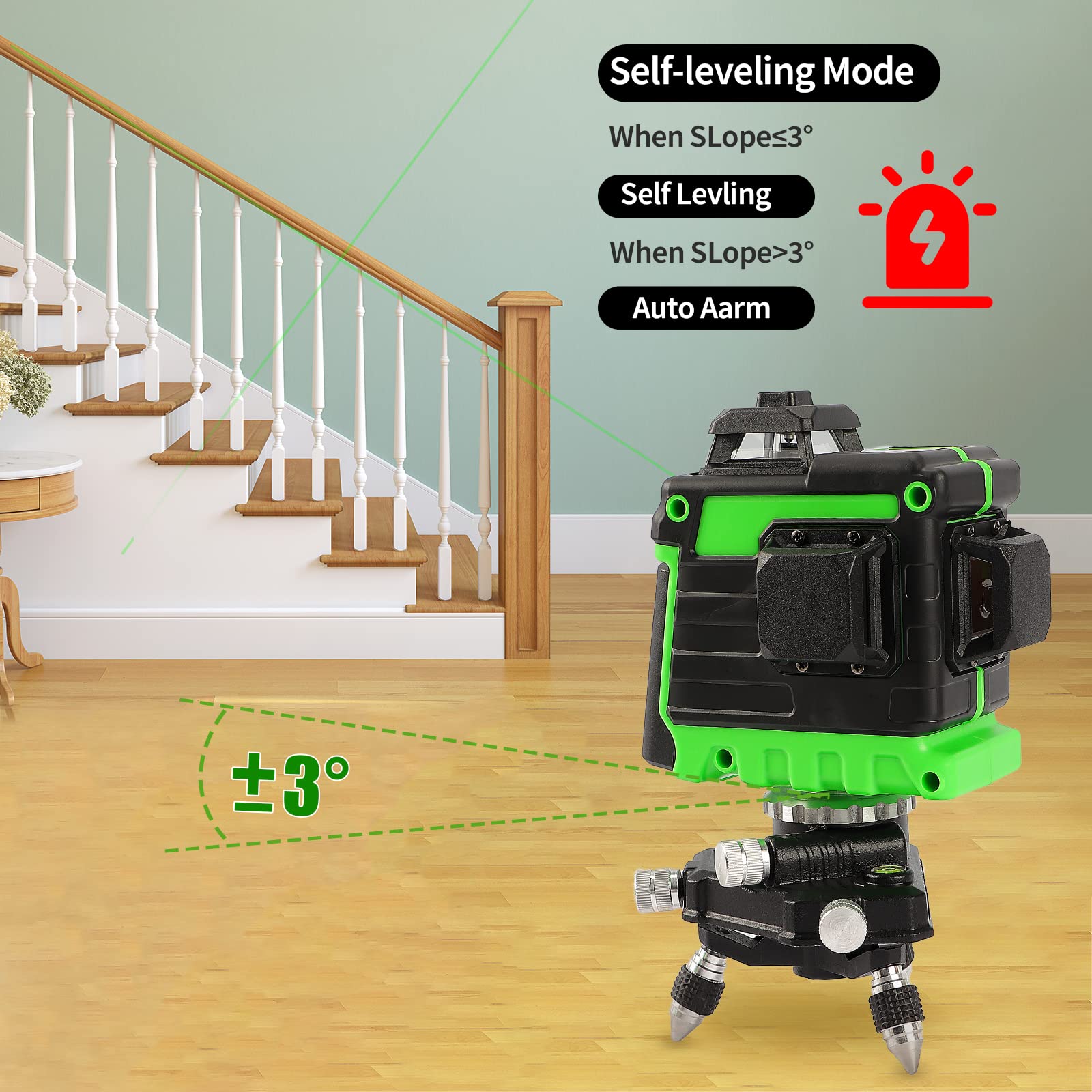 Livella Laser Autolivellante 360 Laser Verde 3D 12 Linee con Treppiedi Linea trasversale Orizzontale e Verticale Staffa a Parete 2 Batterie