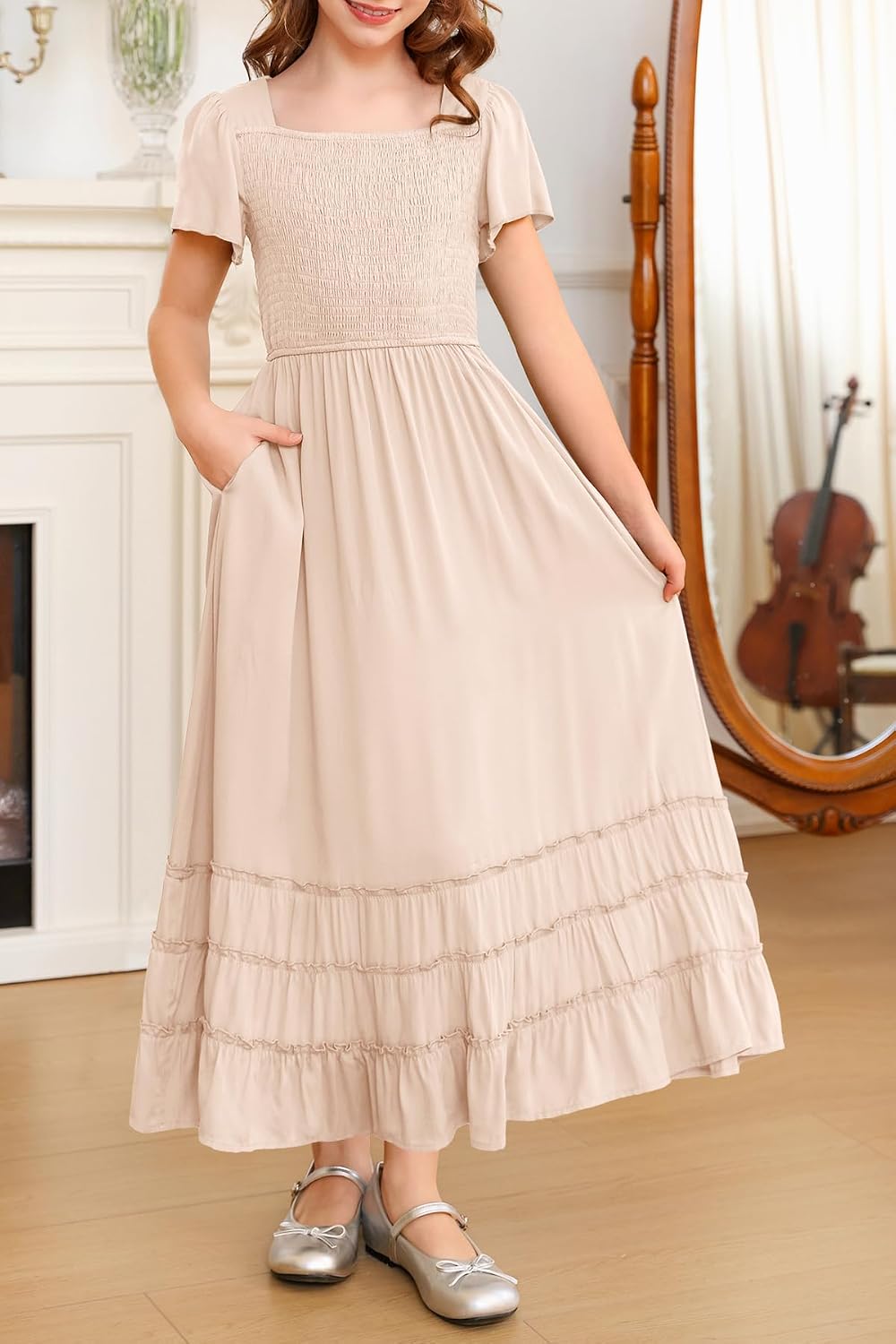 HOSIKA Girls Boho Summer Short Sleeve Square Neck Smocked Flowy Ruffle Tiered Maxi Dress 6-12 Years