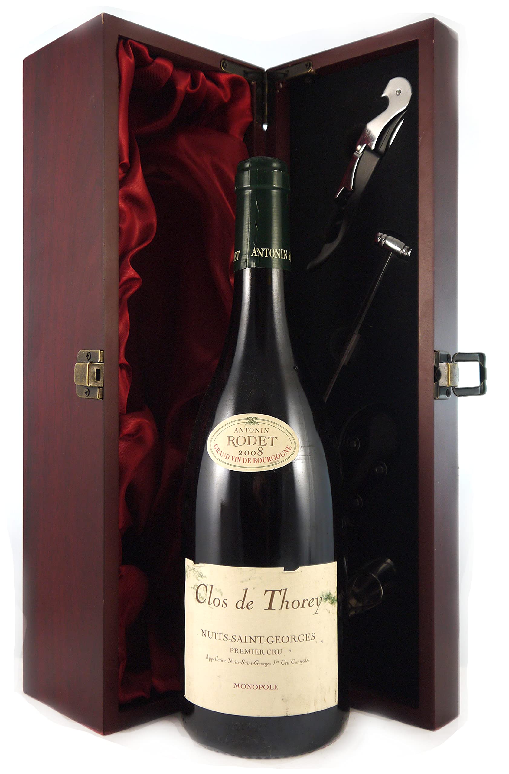 Nuits St Georges 1er Cru 'Clos de Thorey' 2008 Antonin Rodet (Red wine) vintage wine in a silk lined wooden box with four wine accessories, 1 x 750ml