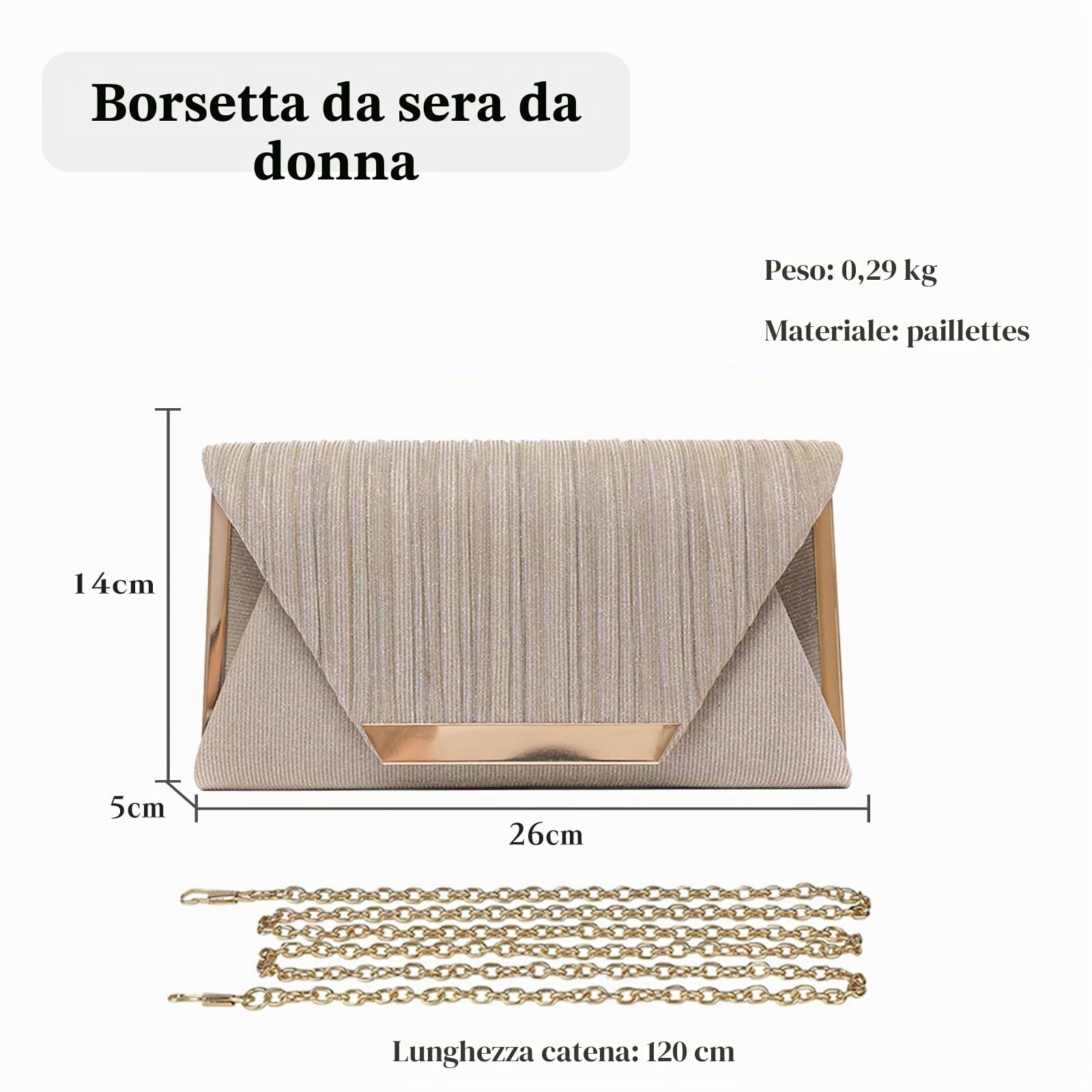Clutch Bag con Paillettes Borsetta da Sera Donna Borsa Sposa Bling Borsa a Spalla Pochette Piccolo con Catena Elegante Borse Messenger Borsa a Tracolla per Cerimonia Festa Ballo Cocktail Oro