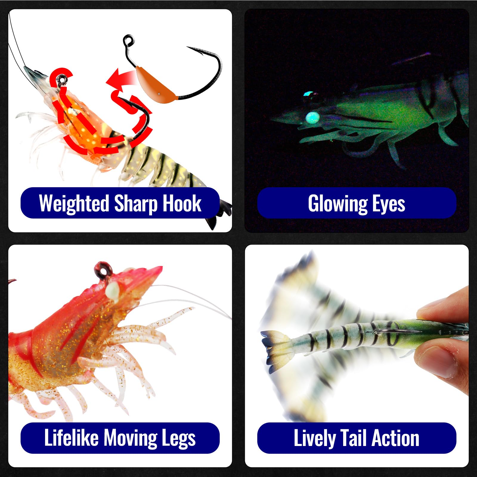 3 esche da pesca per gamberetti per acqua salata e d'acqua dolce esche morbide pre-truccate occhi luminosi realistici in silicone per spigola, trota, scorfano, passera, crappie, snook