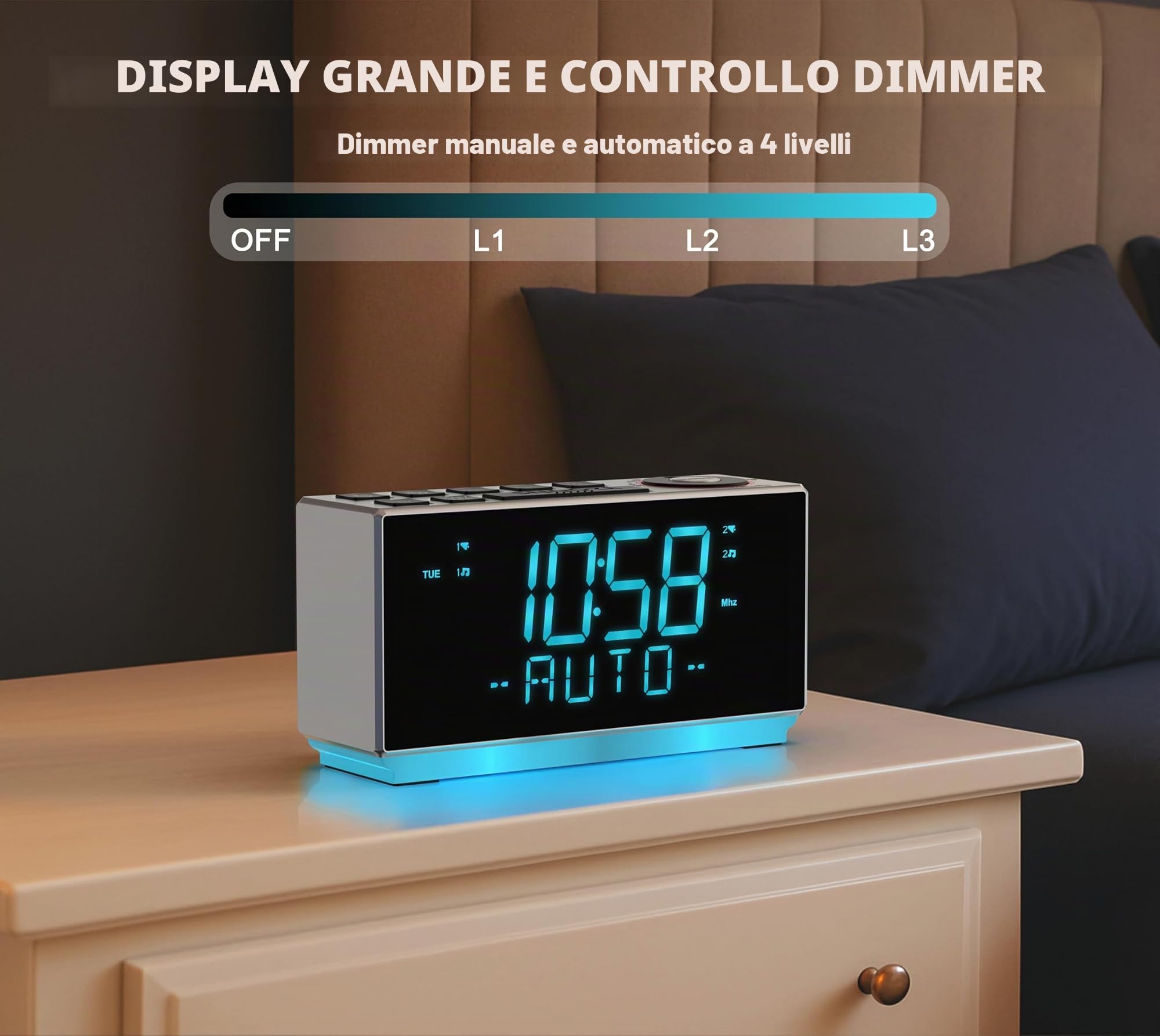 DAB+ & FM Radiosveglia con Bluetooth, 40 preset auricolari, doppia sveglia con sonno e timer sonno, due porte di ricarica, dimmerabile, indicatore di temperatura, sveglia LED 508D