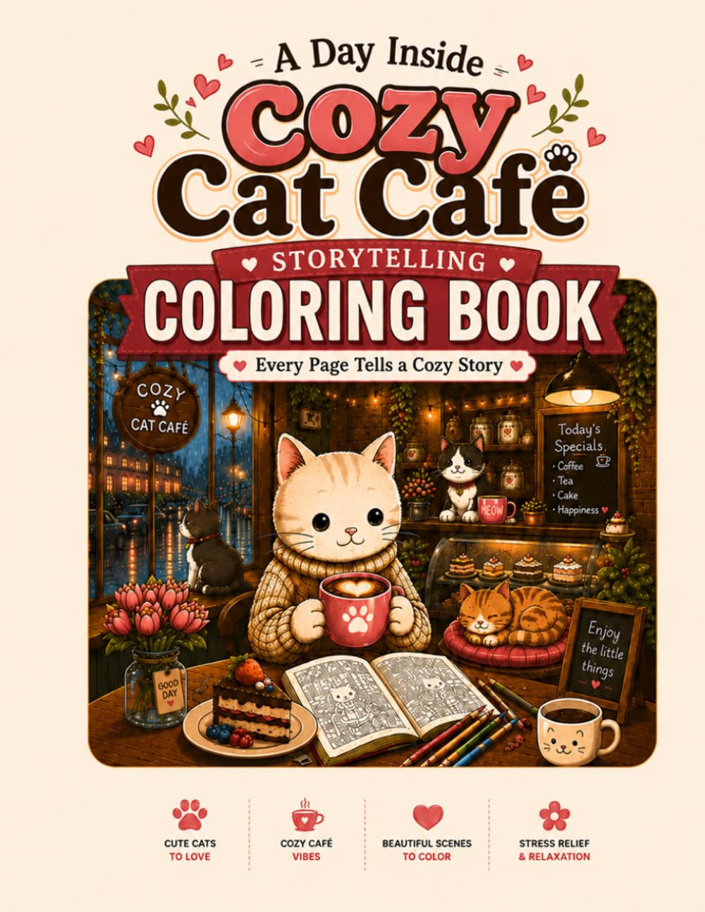 Cozy Cat Café Coloring Book: Cozy Coloring Pages with Adorable Cats, Warm Drinks, Sweet Treats, Flowers and Relaxing Moments