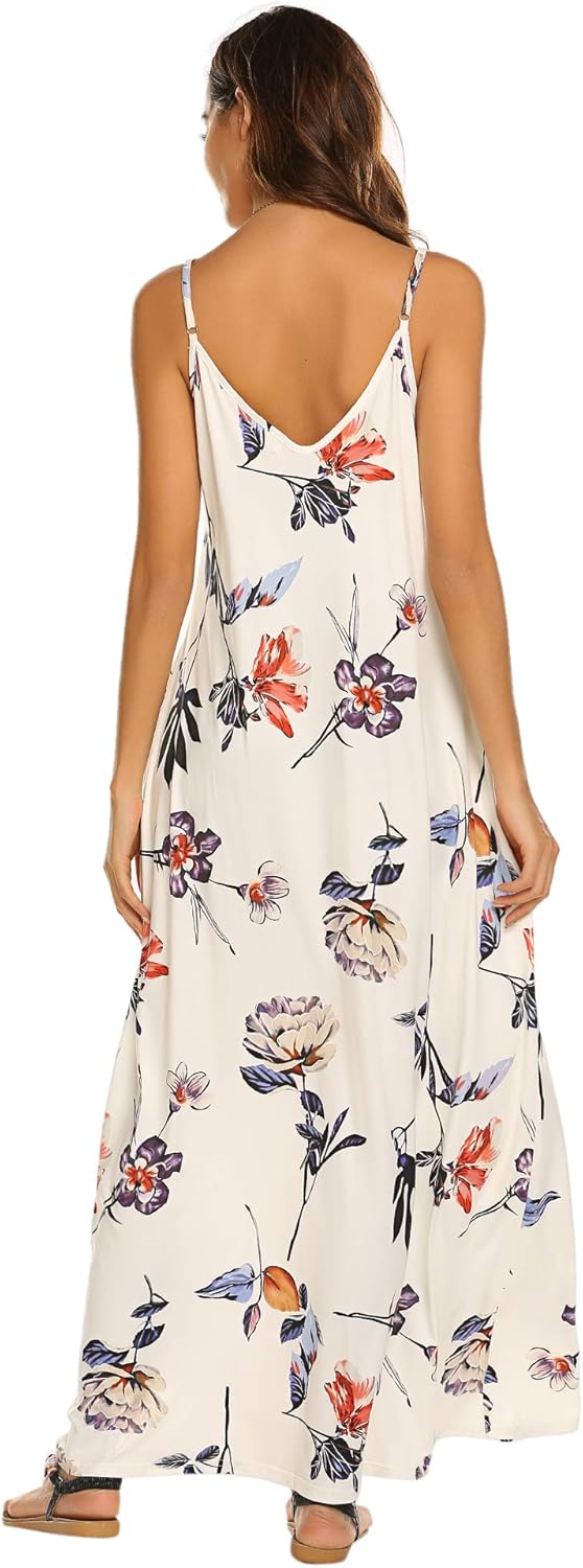 Supnier Women's Summer Maxi Dress Casual V-Neck Sleeveless Bohemian Spaghetti Strap Floral Long Maxi Dress with Pockets - Image 4
