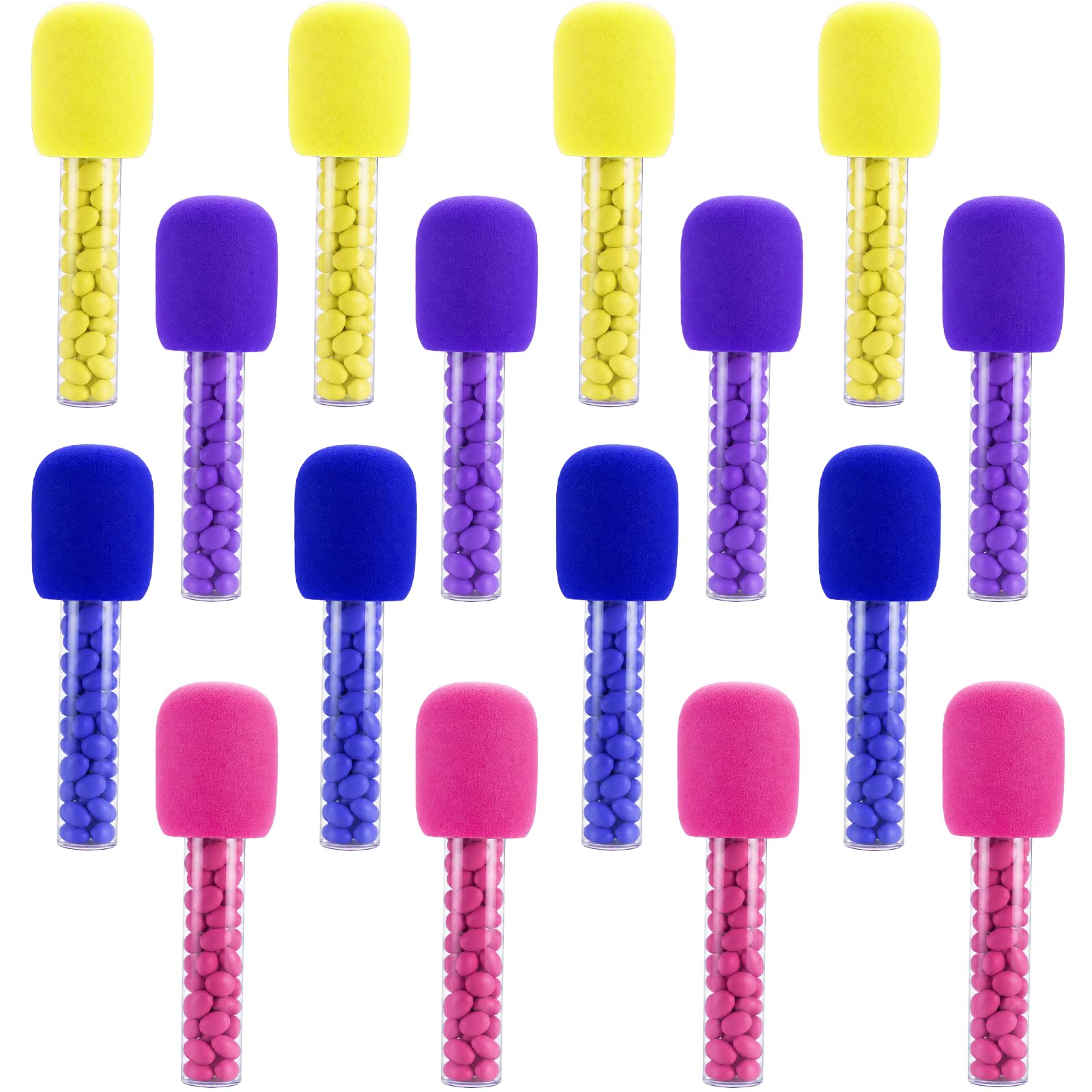 RWFMO 16 Pack Microphone Candy Tubes, Colorful Fake Prop Microphone Rock with Plastic Treat Tubes, Empty Microphone Party Favour Containers for Birthday Karaoke Theme