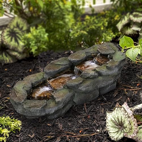 watnature Moderna fuente de cascada de pie, 29 pulgadas de largo x 13 pulgadas de ancho x 9.4 pulgadas de alto, función de agua en cascada con luces