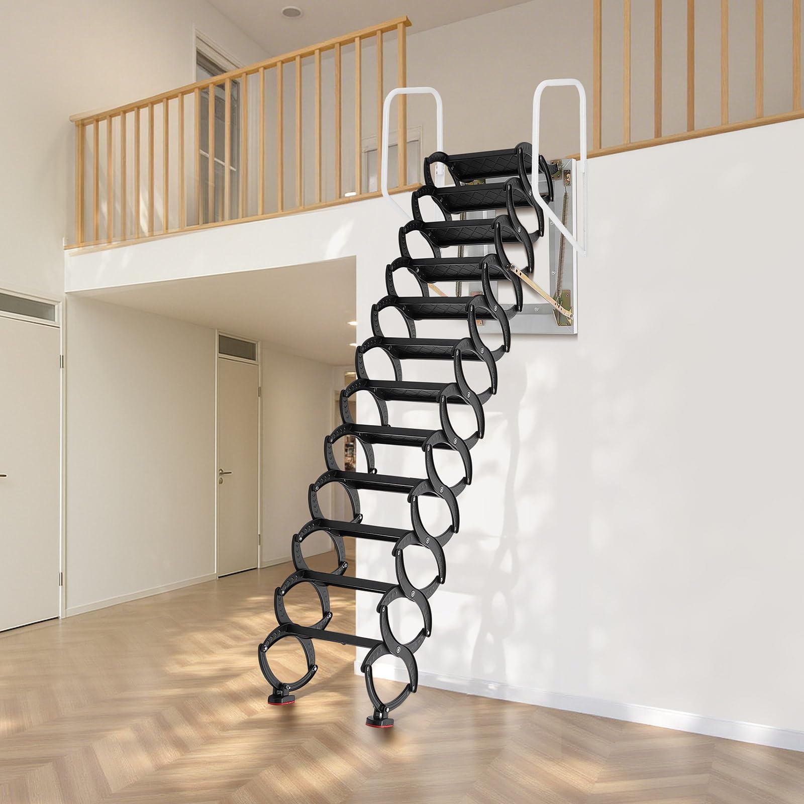VEVOR Dachbodenleiter zur Wandmontage, Tragkraft 299,4 kg, passend für Deckenhöhen von 2,9 bis 3,05 m, 12-stufige Stahl-Scherentreppe mit Handläufen, für Dachböden, Garagen, Dächer, Keller