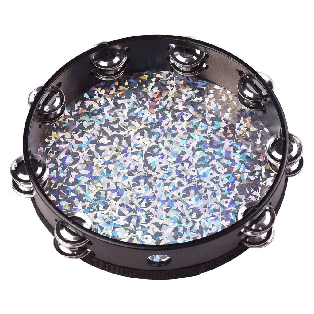 LIOONS Unique Tambour chaman Tambour en Bois 8/10 Pouces Tambour à Main Cloche à Main avec Double rangée de Cloches Tambour réfléchissant Brillant Tambour éthéré Musique de Divertissement Belle Voix