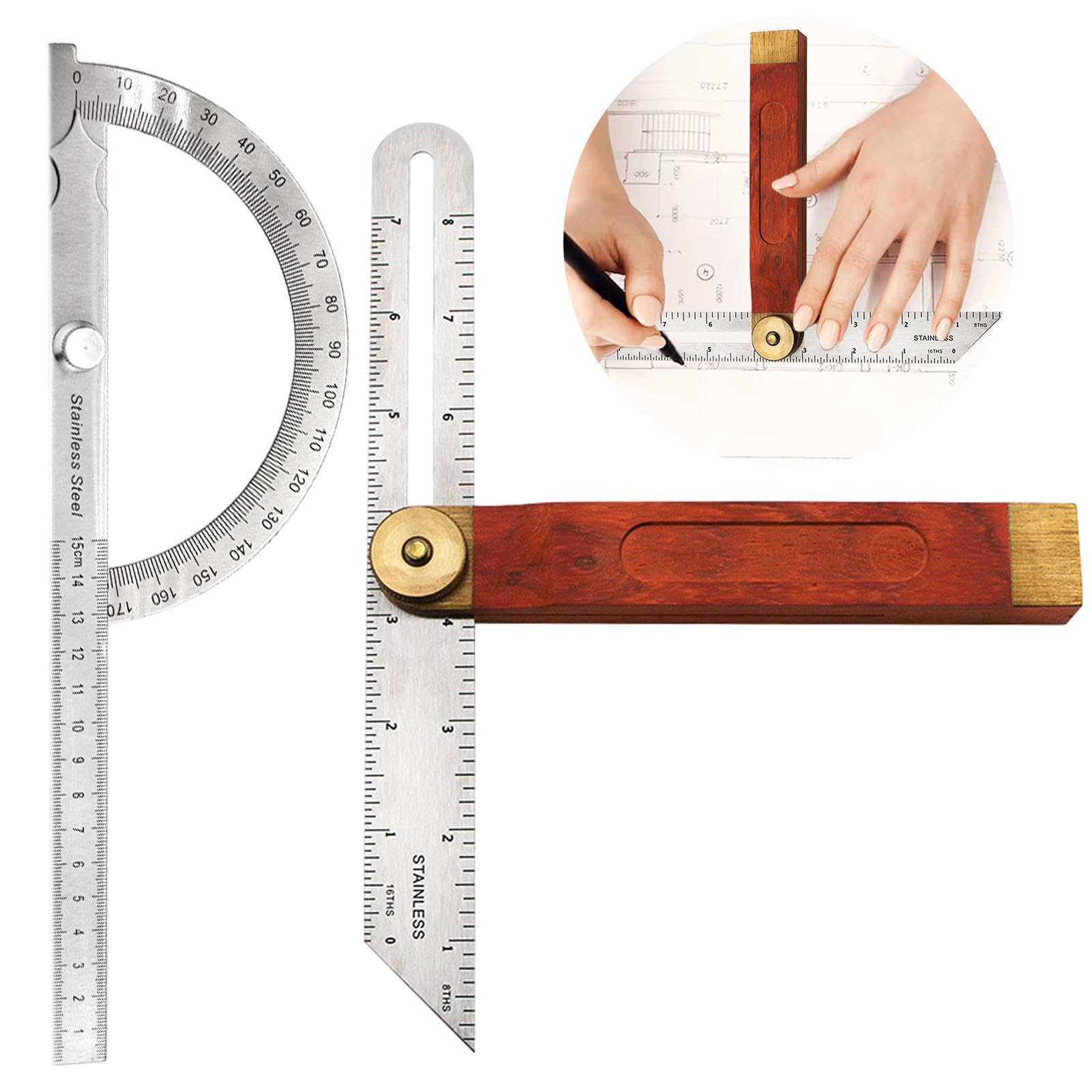 QWLWBU 2PCS ANGLE PROTRACTOR T BEVEL ANGLE FINDER WOODEN HANDLE SLIDING T-BEVEL BEVEL GAUGE FOR CARPENTER